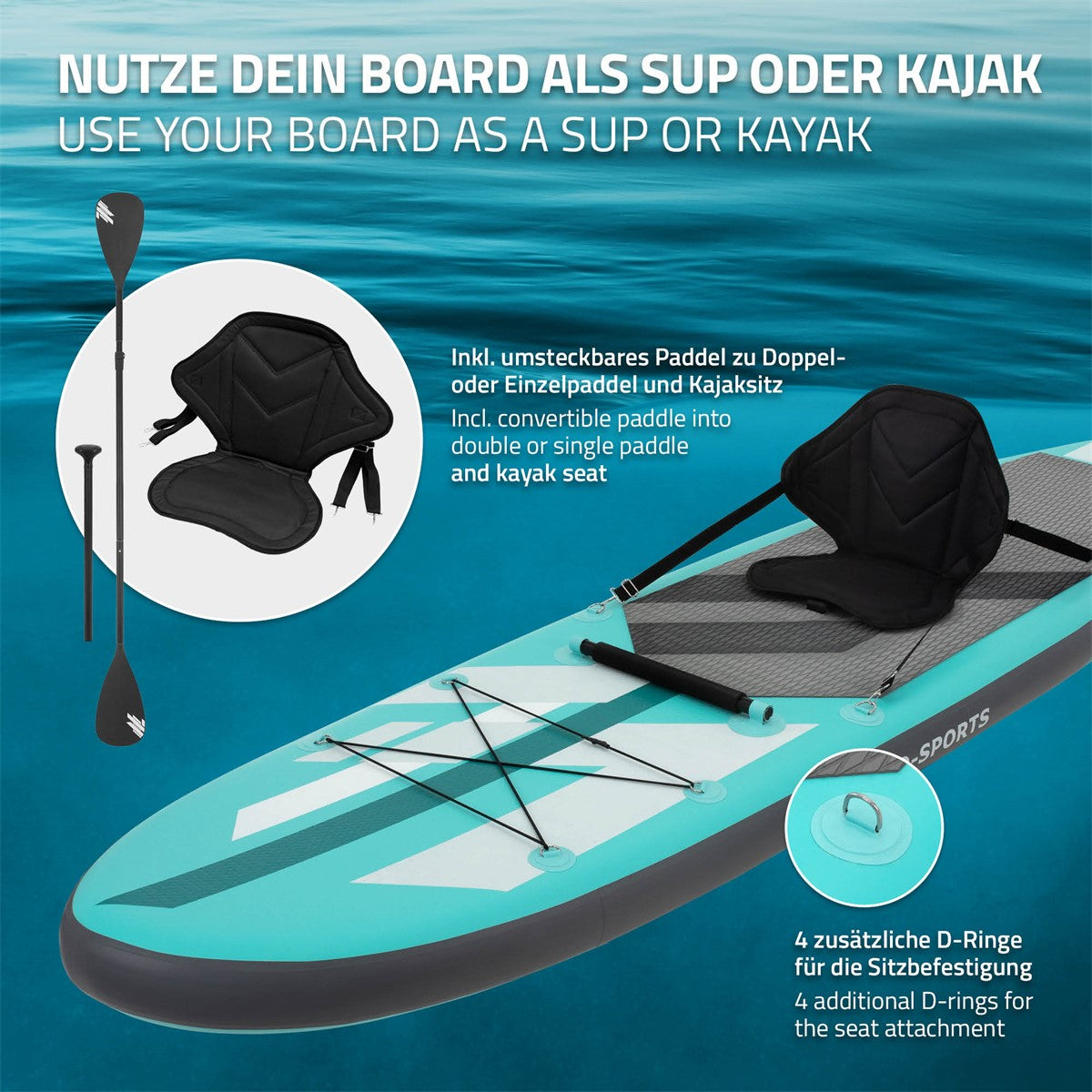 Stand-Up-Paddle-Board in Türkis mit Paddel und Sitzoptionen.