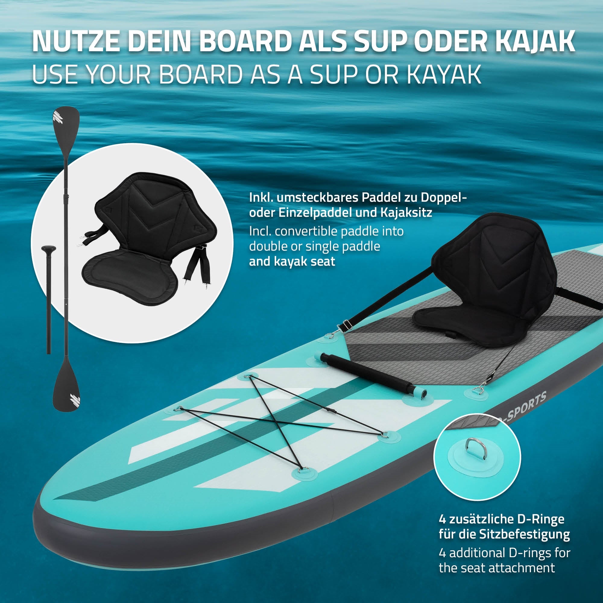 Stand-Up-Paddle-Board in Türkis mit Paddel und Sitzoptionen.