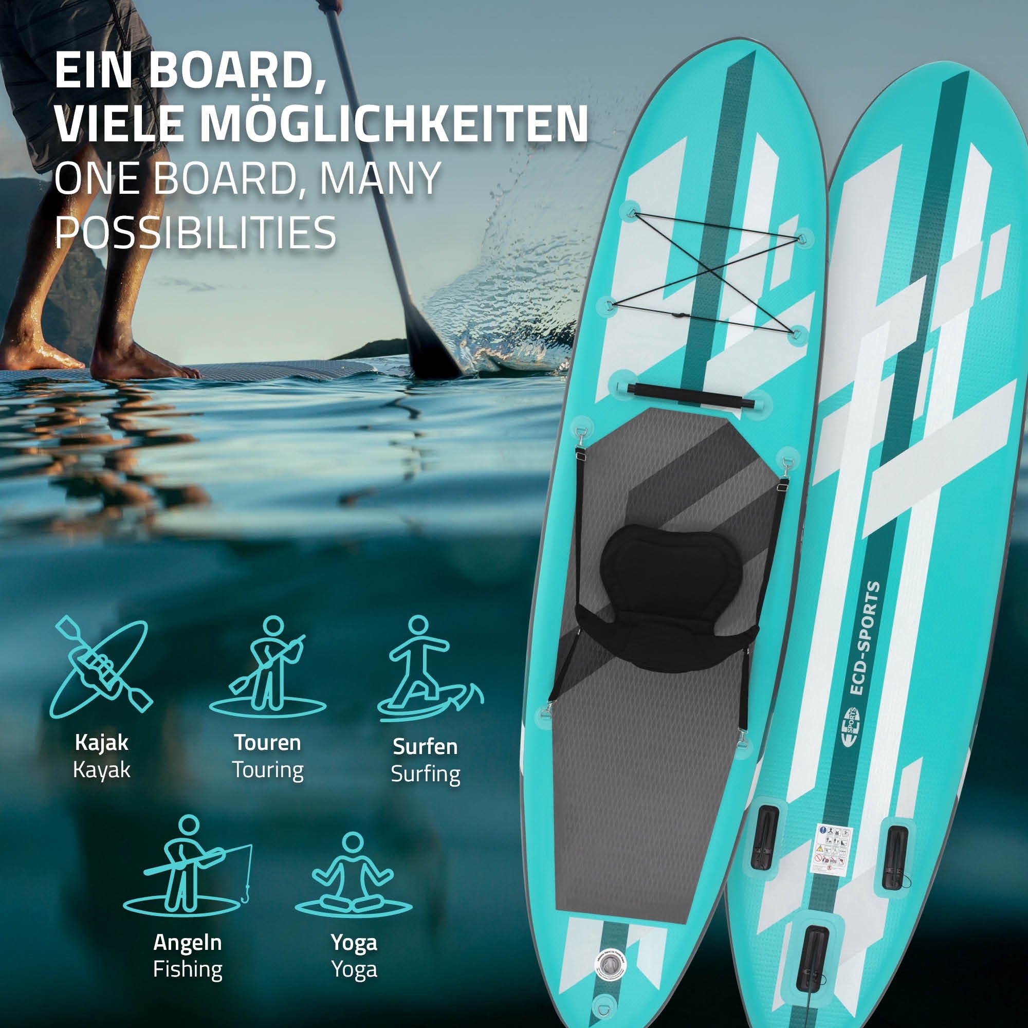 Stand-Up-Paddleboard in blau mit Symbolen für verschiedene Nutzungsmöglichkeiten.