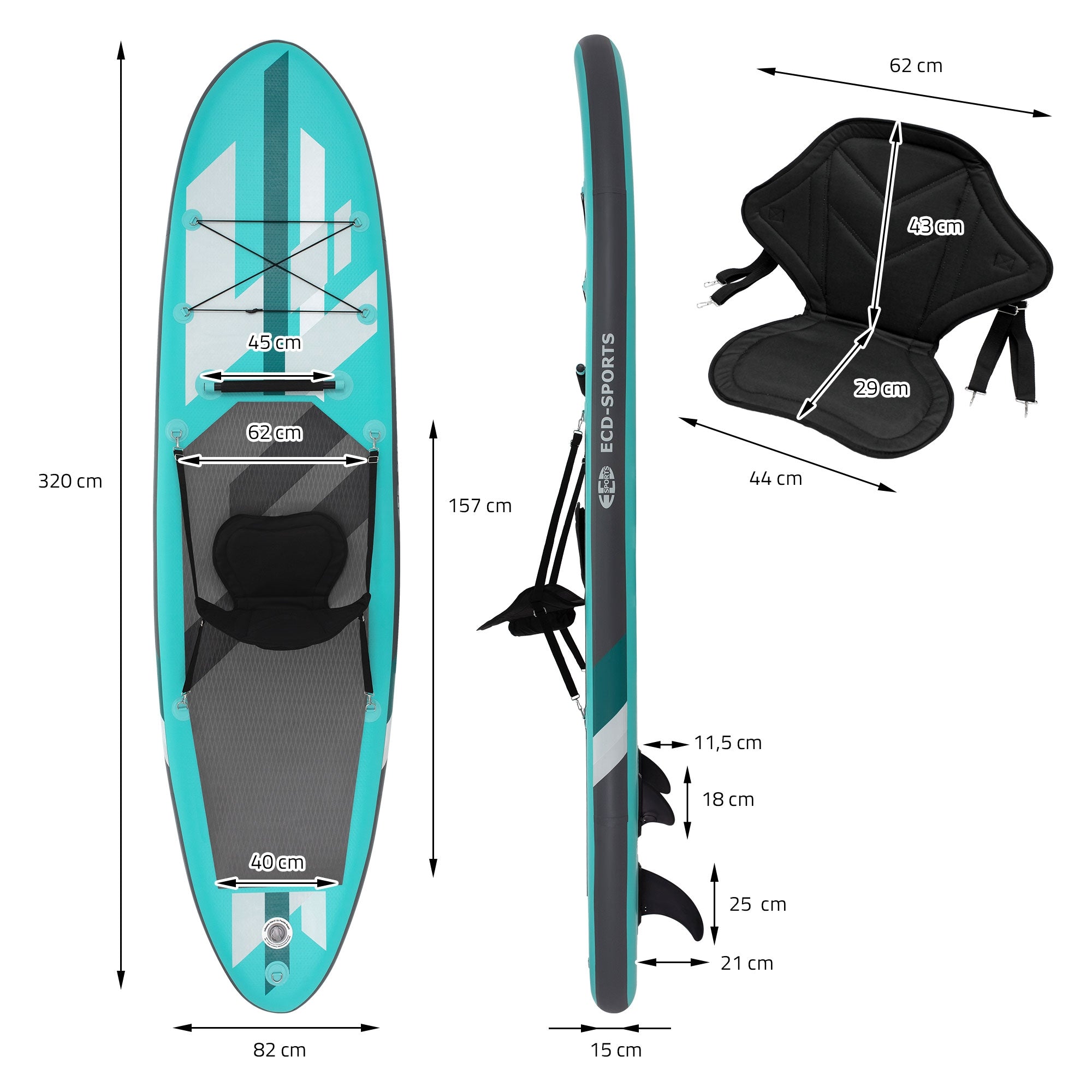 Maßzeichnung eines Stand-Up-Paddle-Boards mit Sitz und Abmessungen.
