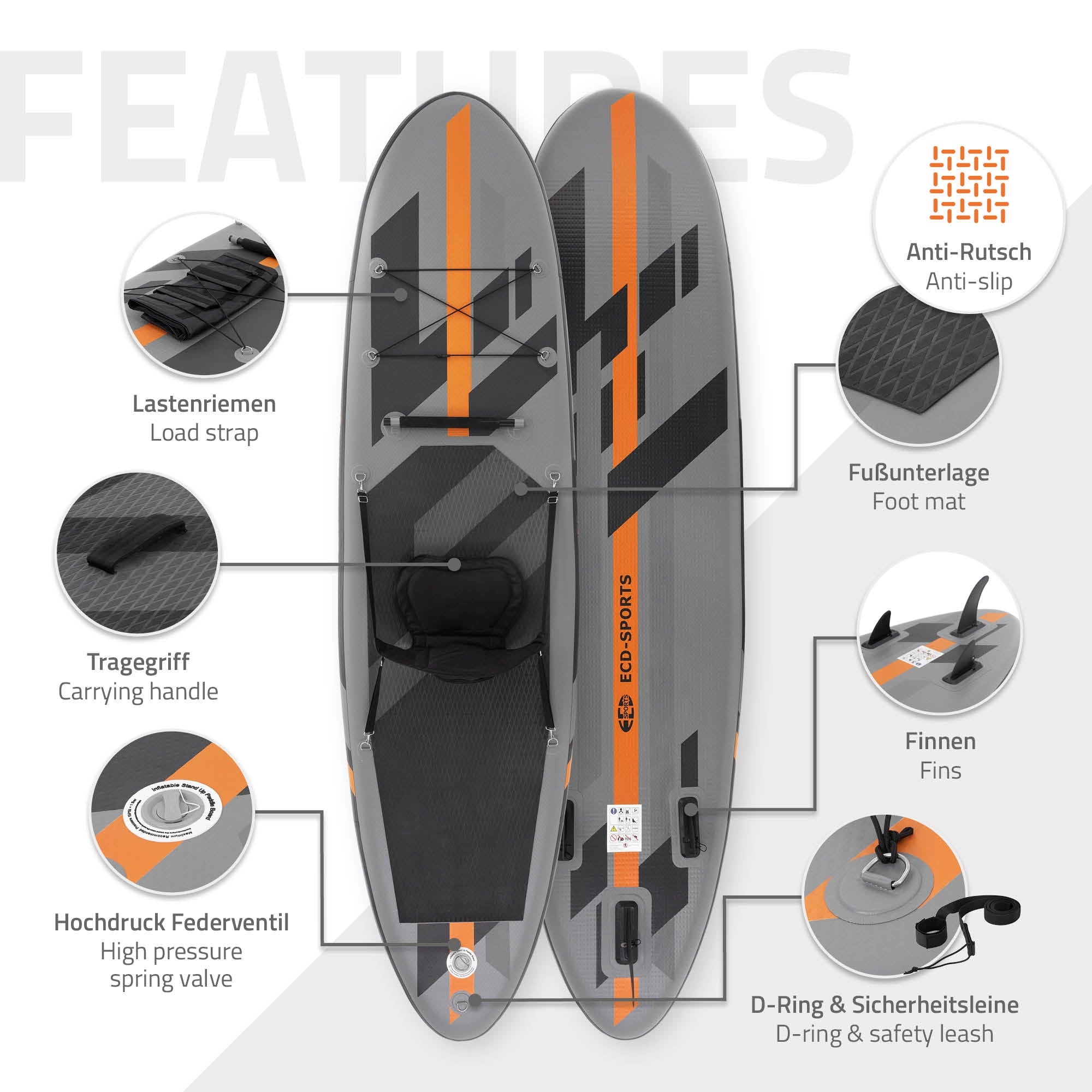 Stand-Up-Paddleboard liukumattomalla pinnalla ja erilaisilla toiminnoilla.
