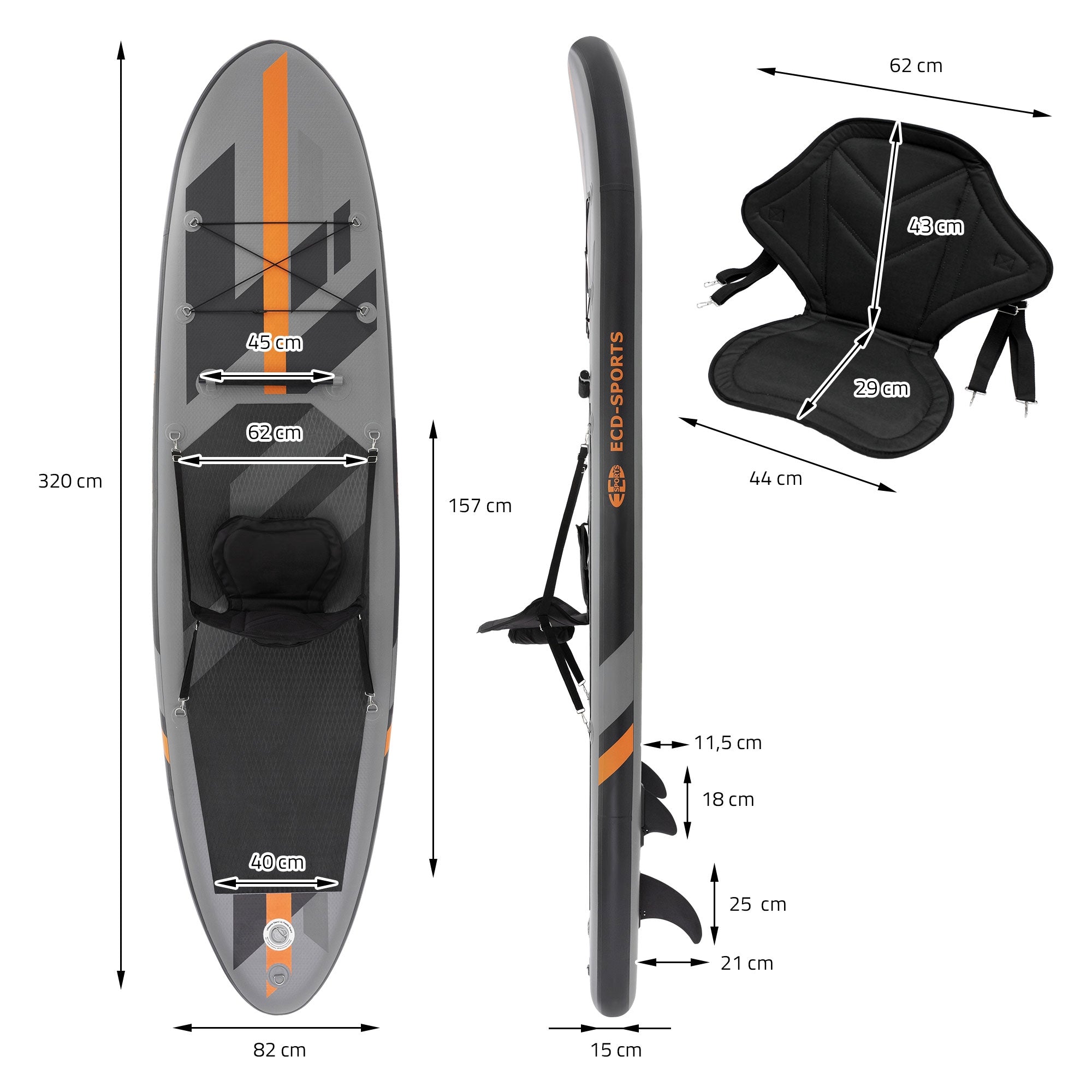 Stand-Up-Paddleboardin mittapiirustus, jossa on mitat ja istuinpaikka.