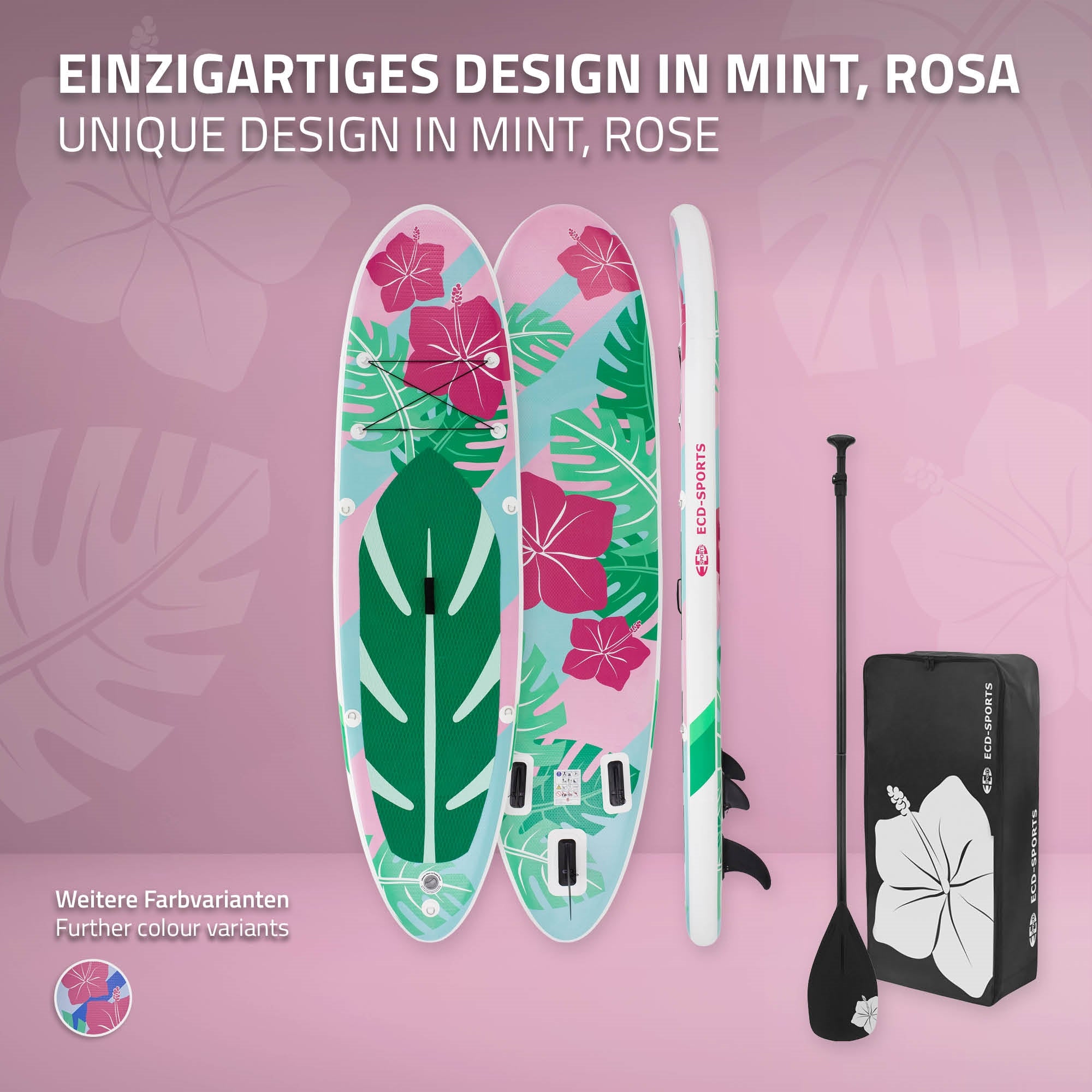 Zwei Stand-Up-Paddle-Boards in Mint und Rosa mit Blumenmuster und Zubehör.