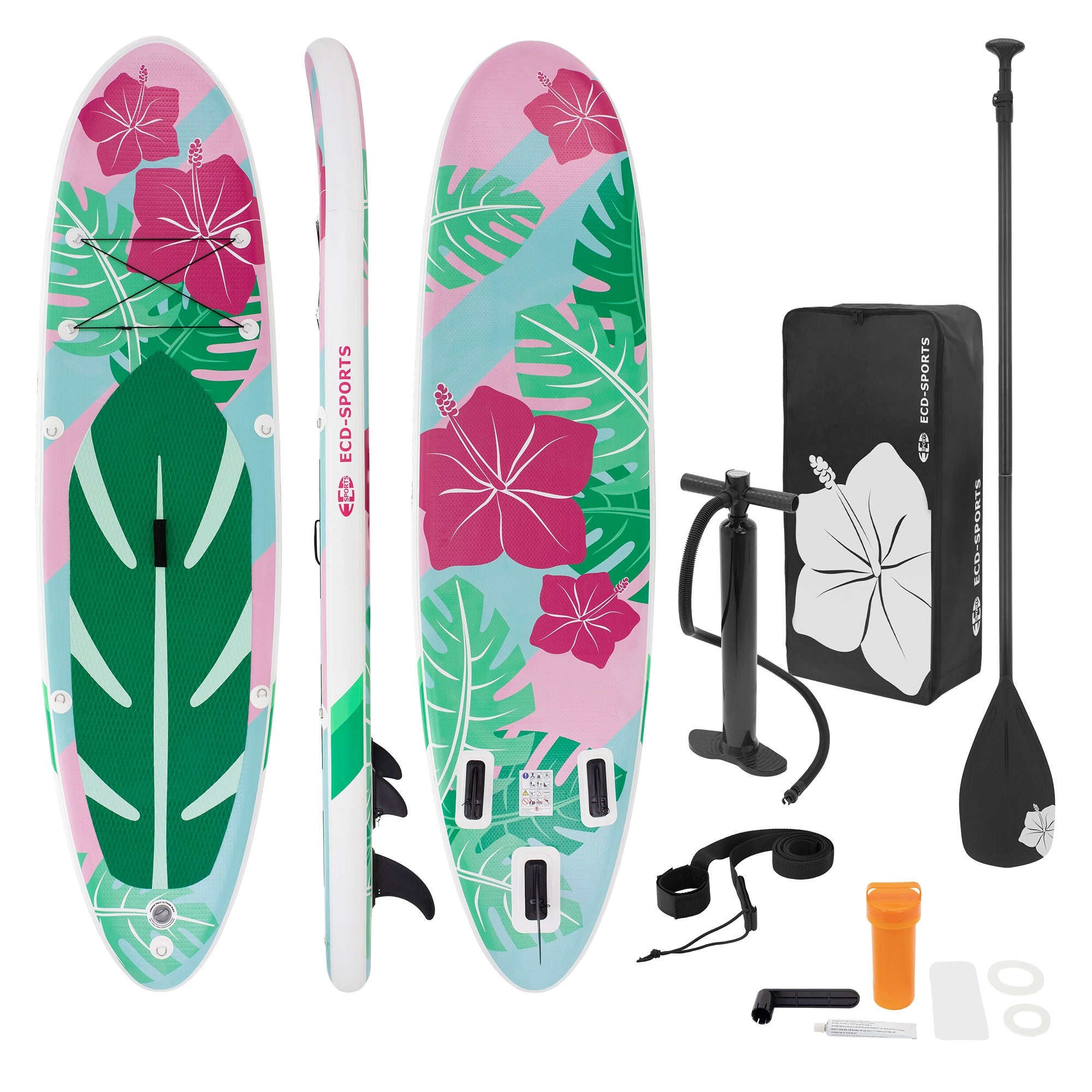 Stand-Up-Paddleboard-Set mit Paddel, Pumpe und Zubehör.