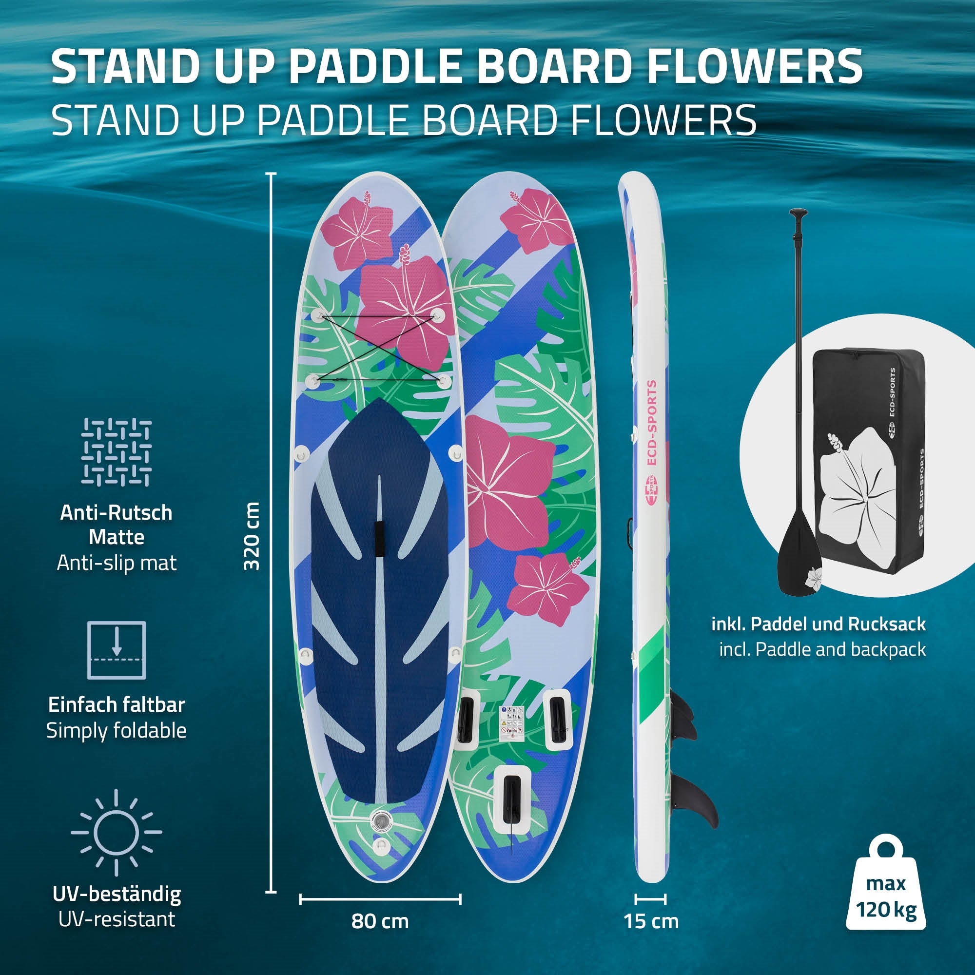 Zwei Stand-Up-Paddle-Boards mit Blumenmotiven auf einem hellen Hintergrund.