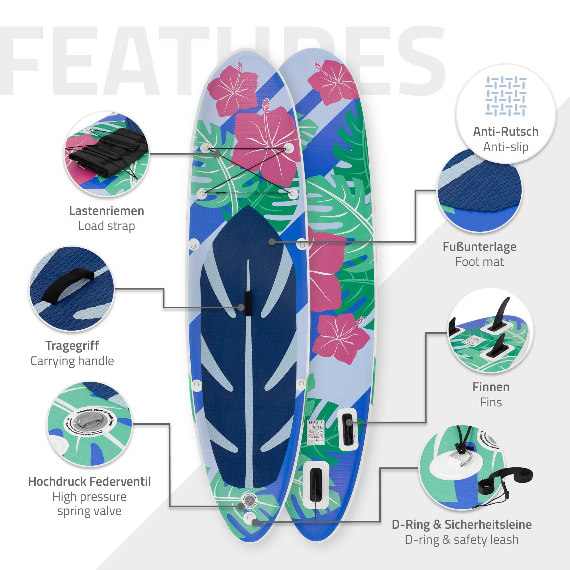 Zwei aufeinandergelegte Surfbretter mit buntem Blumenmuster und technischen Details.
