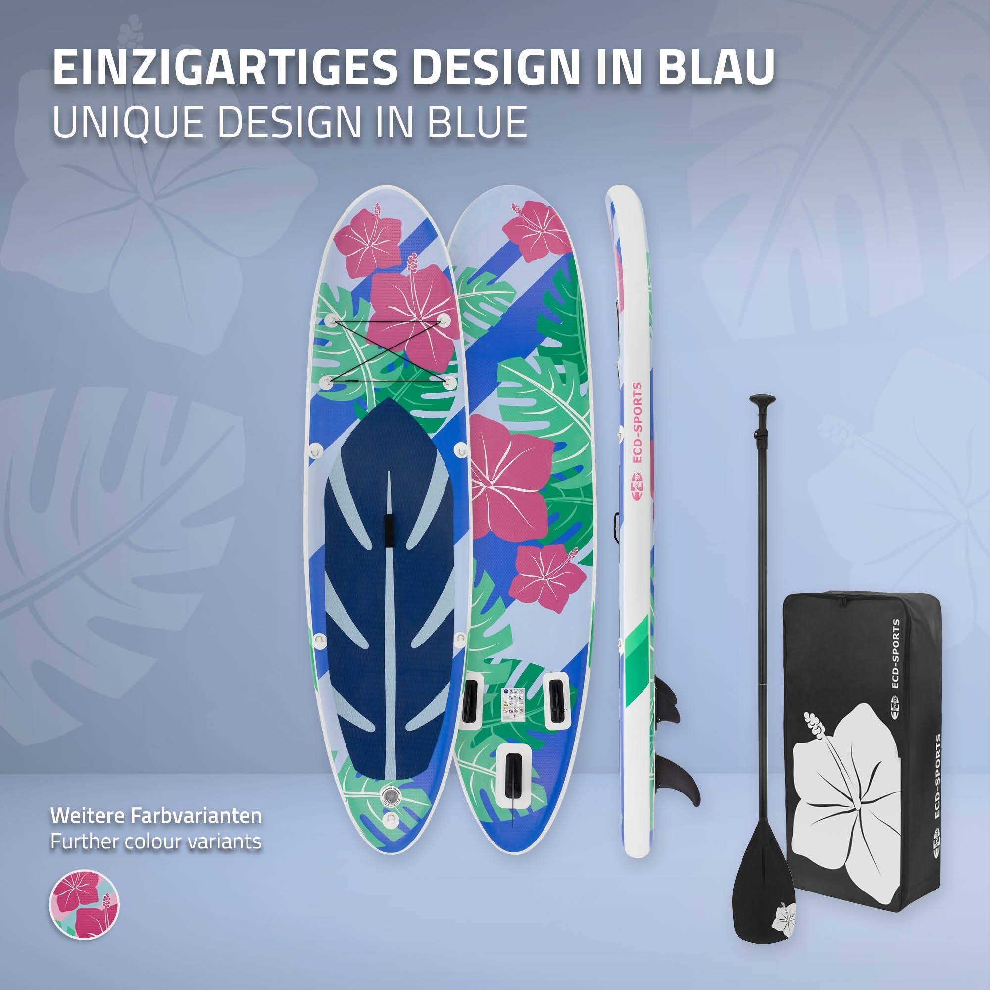 Stand-Up-Paddle-Board in blau mit Blumenmuster und Zubehör in schwarzer Tasche.