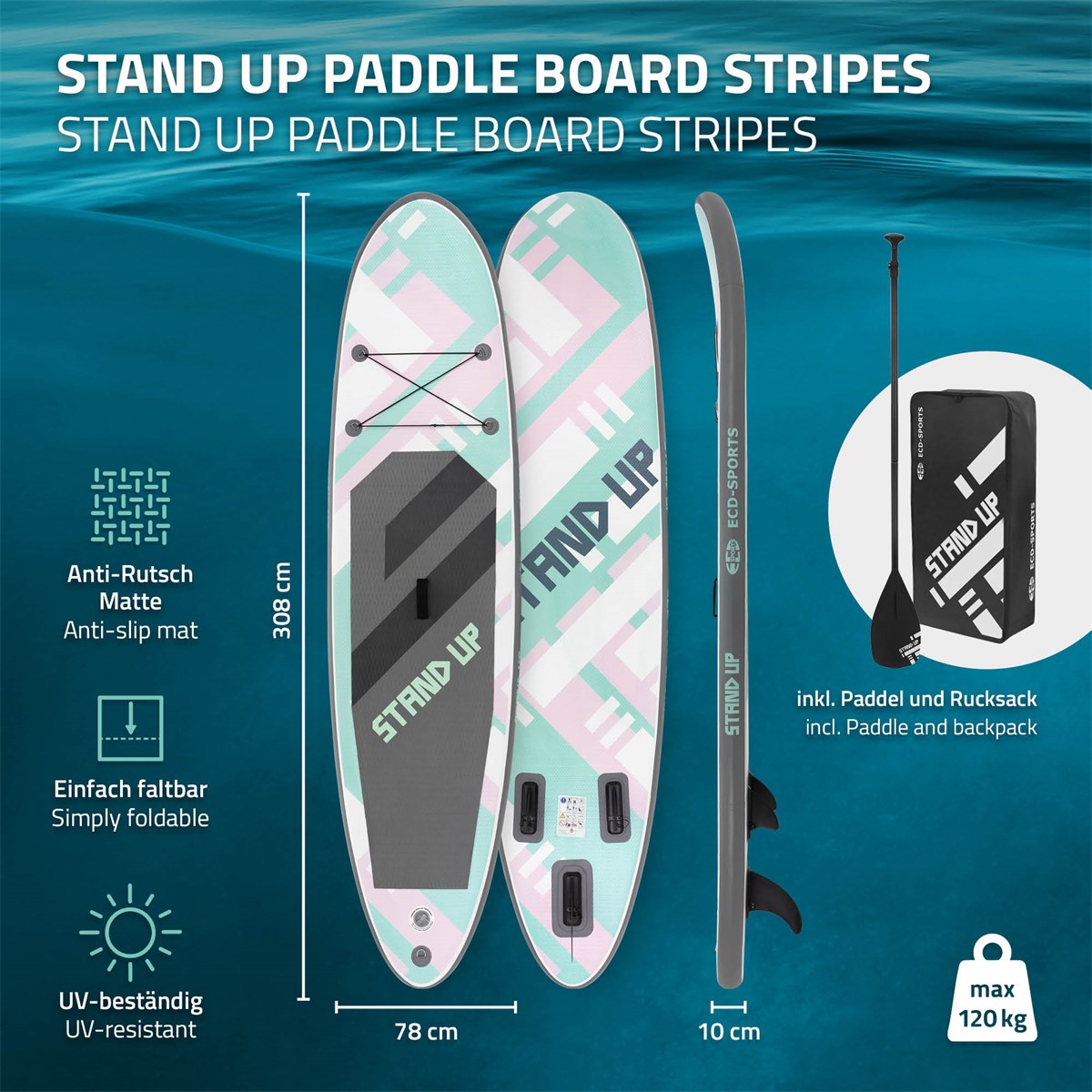 Zwei Stand-Up-Paddle-Boards mit verschiedenen Designs auf einem hellen Hintergrund.
