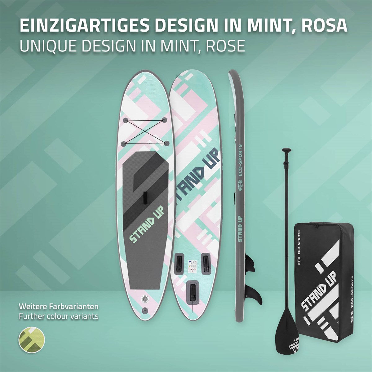 Stand-Up-Paddle-Board in Mint und Rosa mit Zubehör und Designbeschreibung.