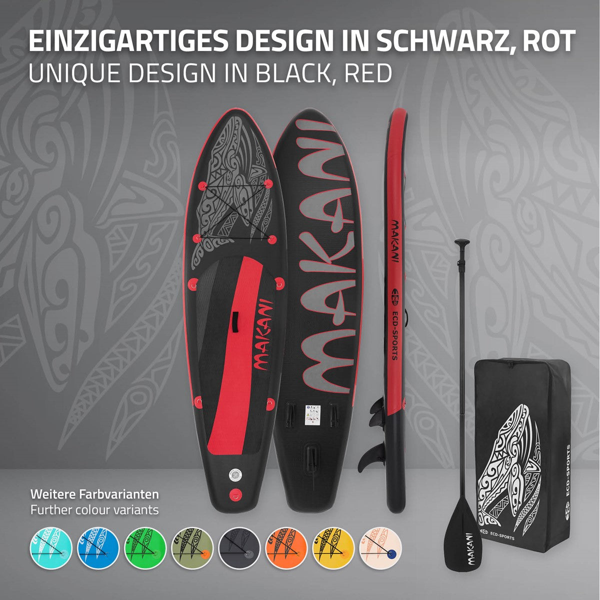 SUP-Board in schwarz und rot, mit verschiedenen Farbvarianten und Paddel.