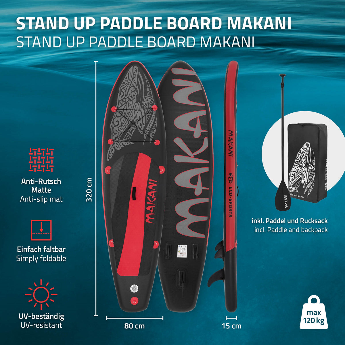 SUP-board med skridsikker måtte, foldbar, inklusive paddel og rygsæk.