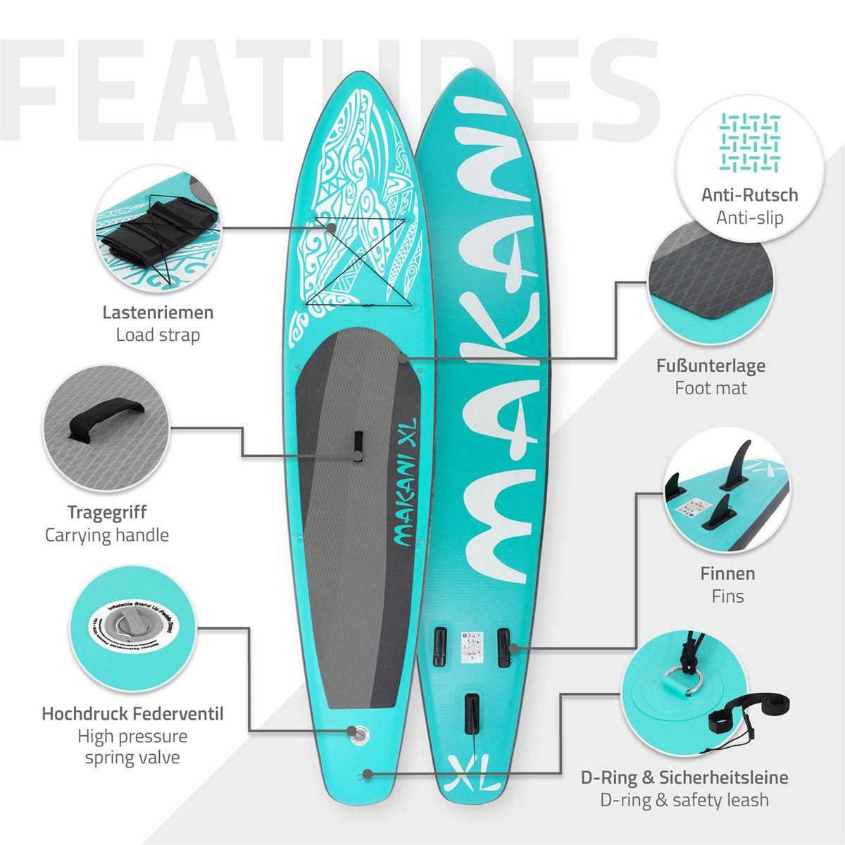Stand-Up-Paddle-Board mit Beschreibungen zu Features und Zubehör