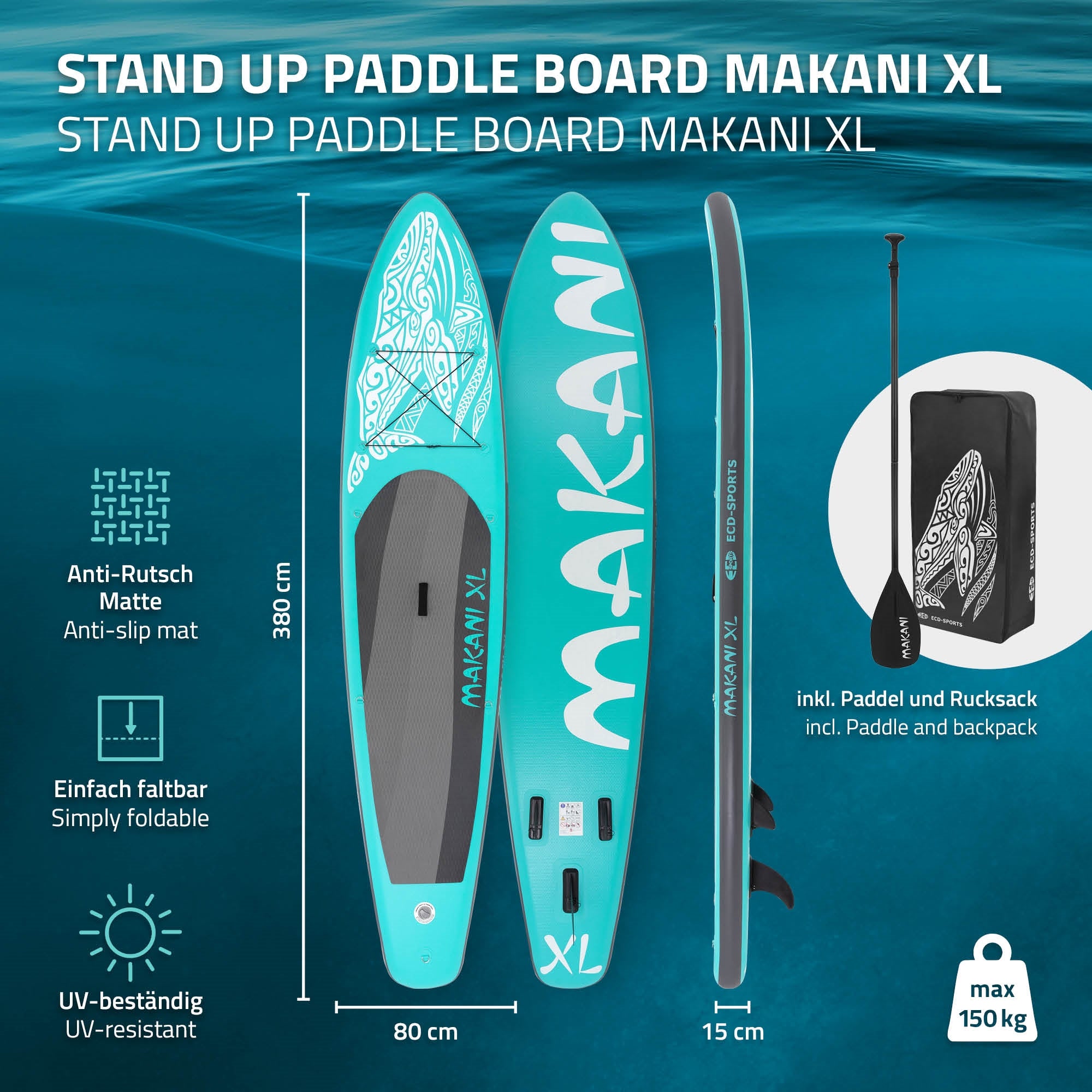 Stand Up Paddle Board Makani XL v modré barvě s technickými detaily a příslušenstvím.