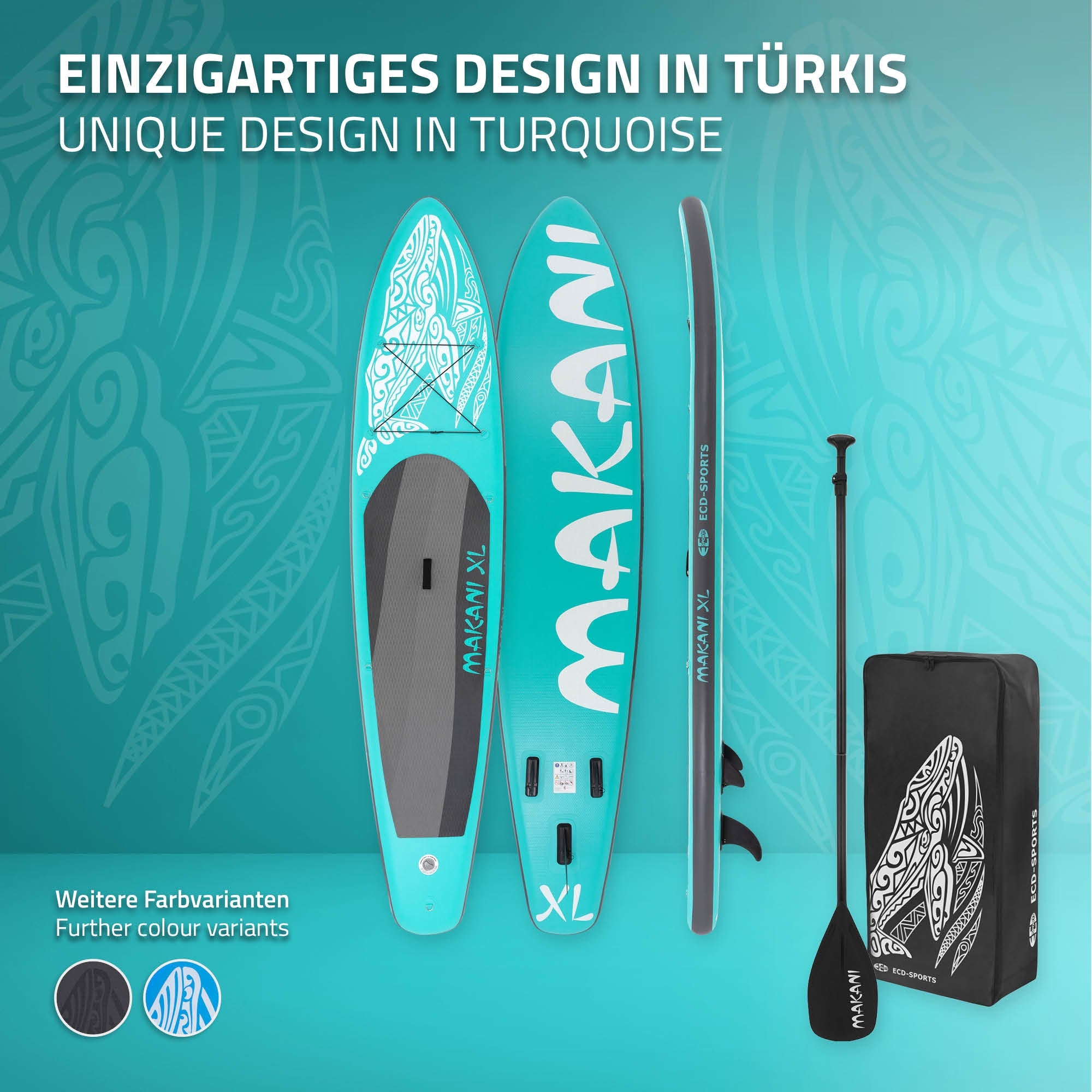 Türkisfarbenes Stand-Up-Paddle-Board mit einzigartigem Design.