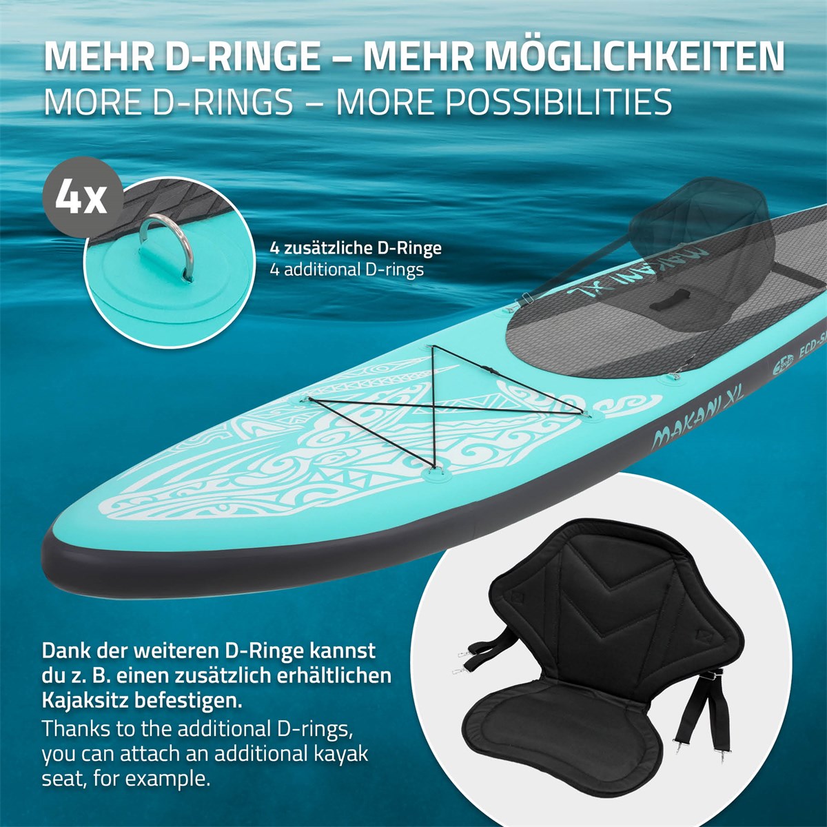 Stand-Up-Paddleboard mit D-Ringen und Sitzoption, türkises Desig
