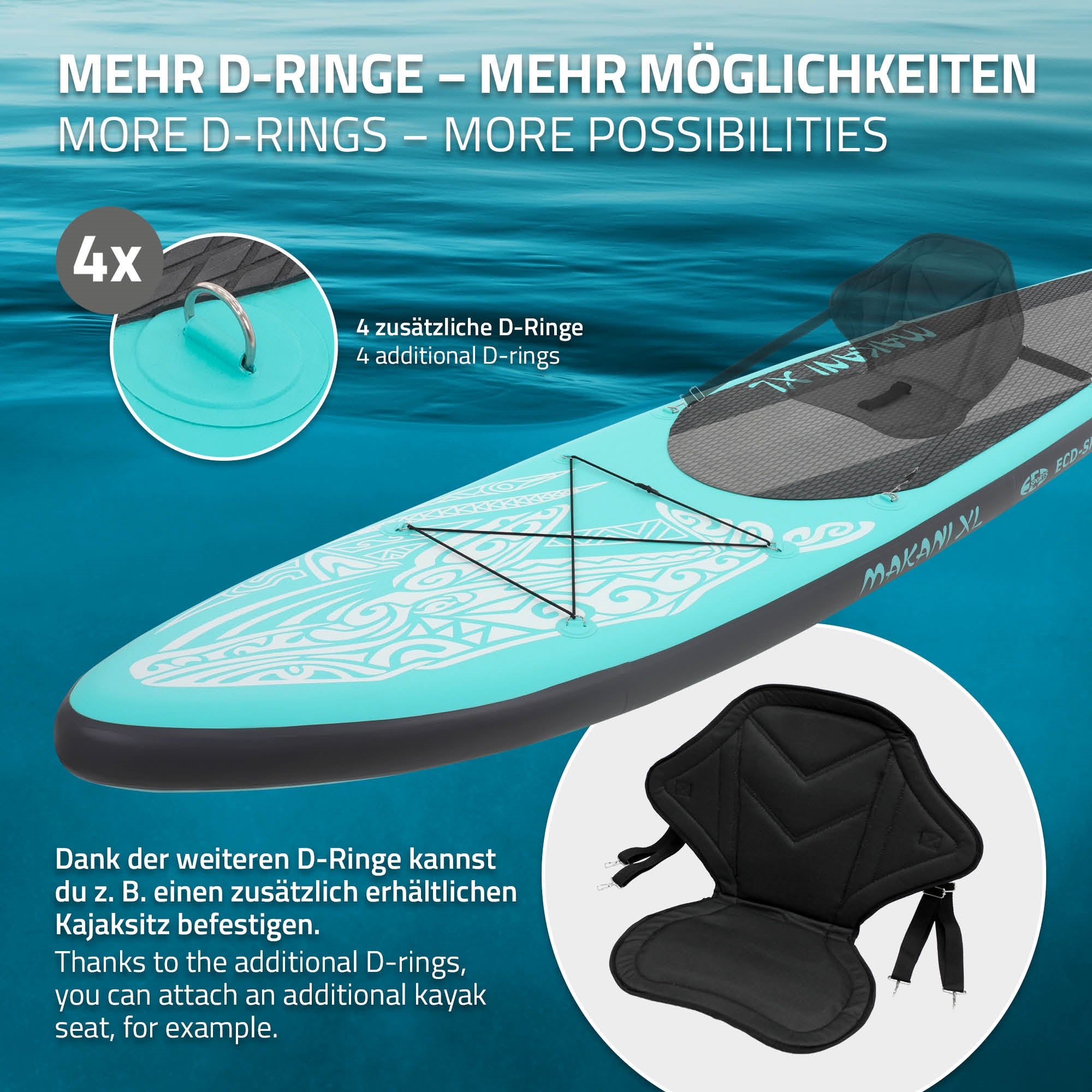 Stand-Up-Paddleboard mit D-Ringen und Sitzoption, türkises Design.
