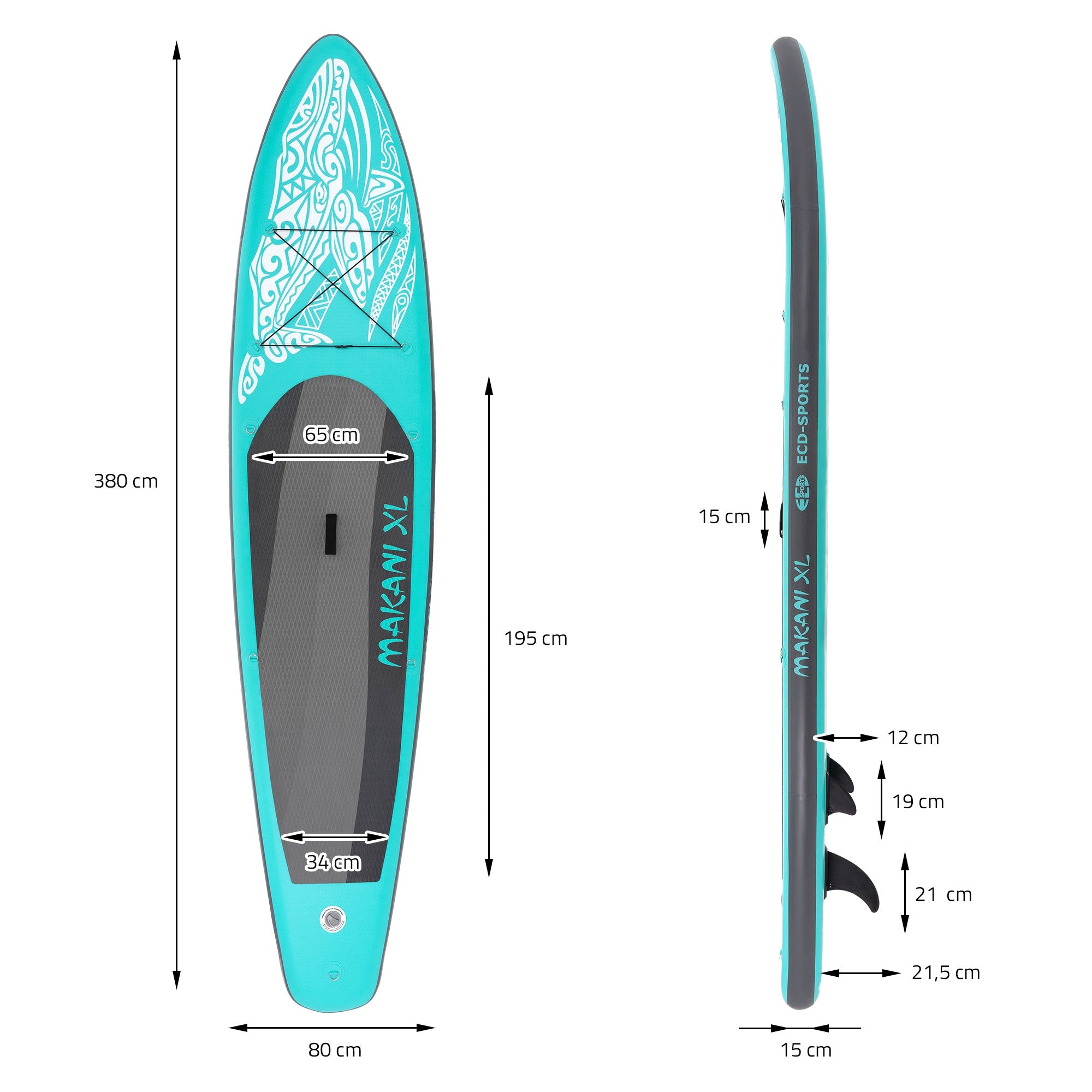 Maßzeichnungen eines türkisfarbenen Stand-Up-Paddle-Boards.