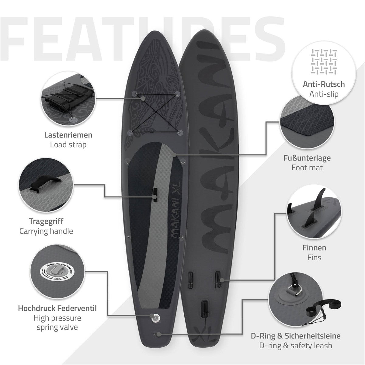 Schwarzes Stand-Up-Paddle-Board mit verschiedenen Merkmalen und