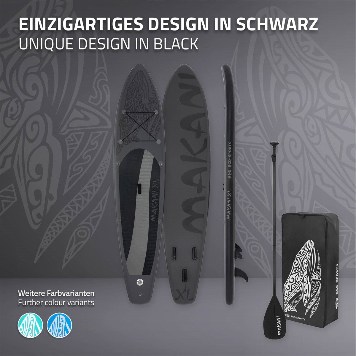 Stand Up Paddle Board in schwarz, mit Paddel und Rucksack, auf hellem Hintergrund.