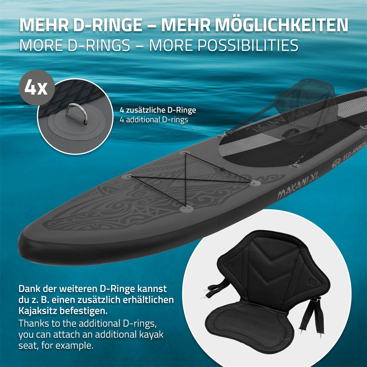Stand Up Paddle Board mit D-Ringen und Sitzoptionen, schwarz, auf Wasseroberfläche.