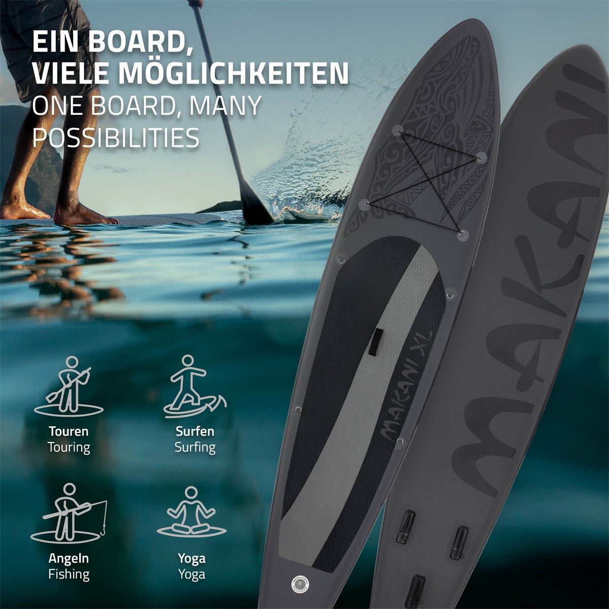Zwei Stand-Up-Paddle-Boards auf Wasser mit Symbolen für verschie