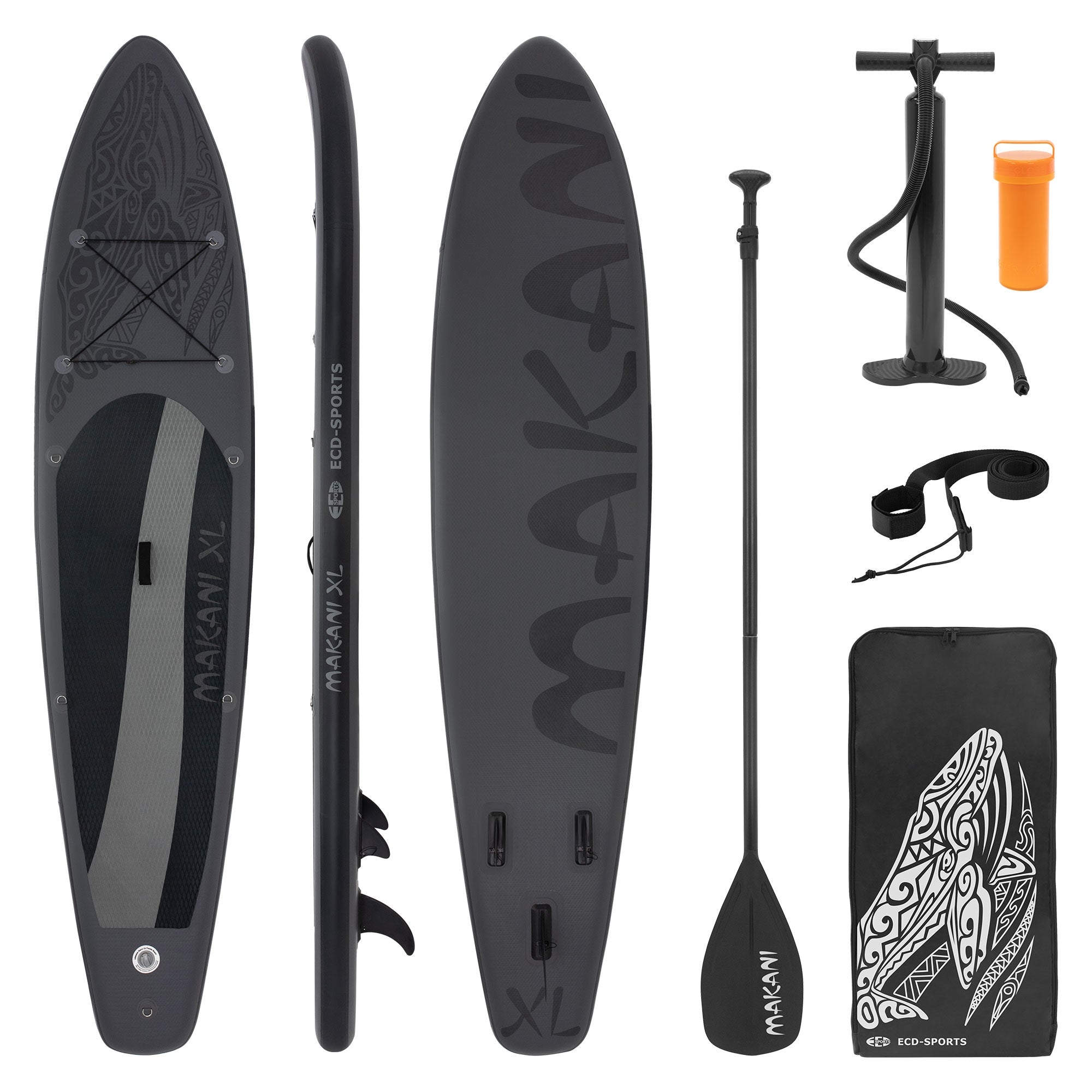 Stand-Up-Paddleboard in Schwarz mit Zubehör: Pumpe, Paddel und Tragetasche.