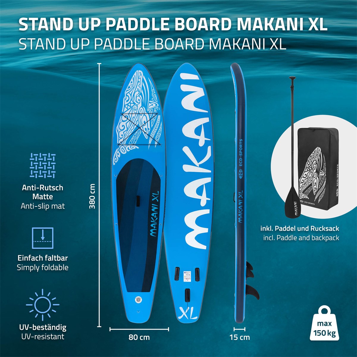 Stand-Up-Paddle-Board in Blau mit verschiedenen Merkmalen und Zubehör.