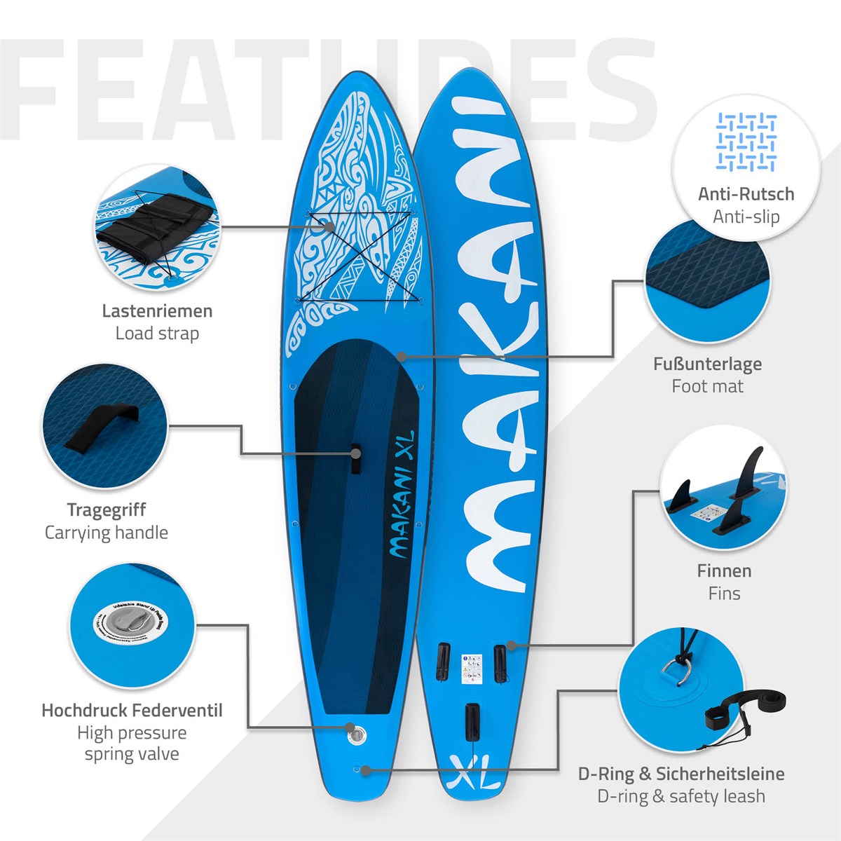 Blaues Stand-Up-Paddle-Board mit verschiedenen Merkmalen und Beschriftungen.