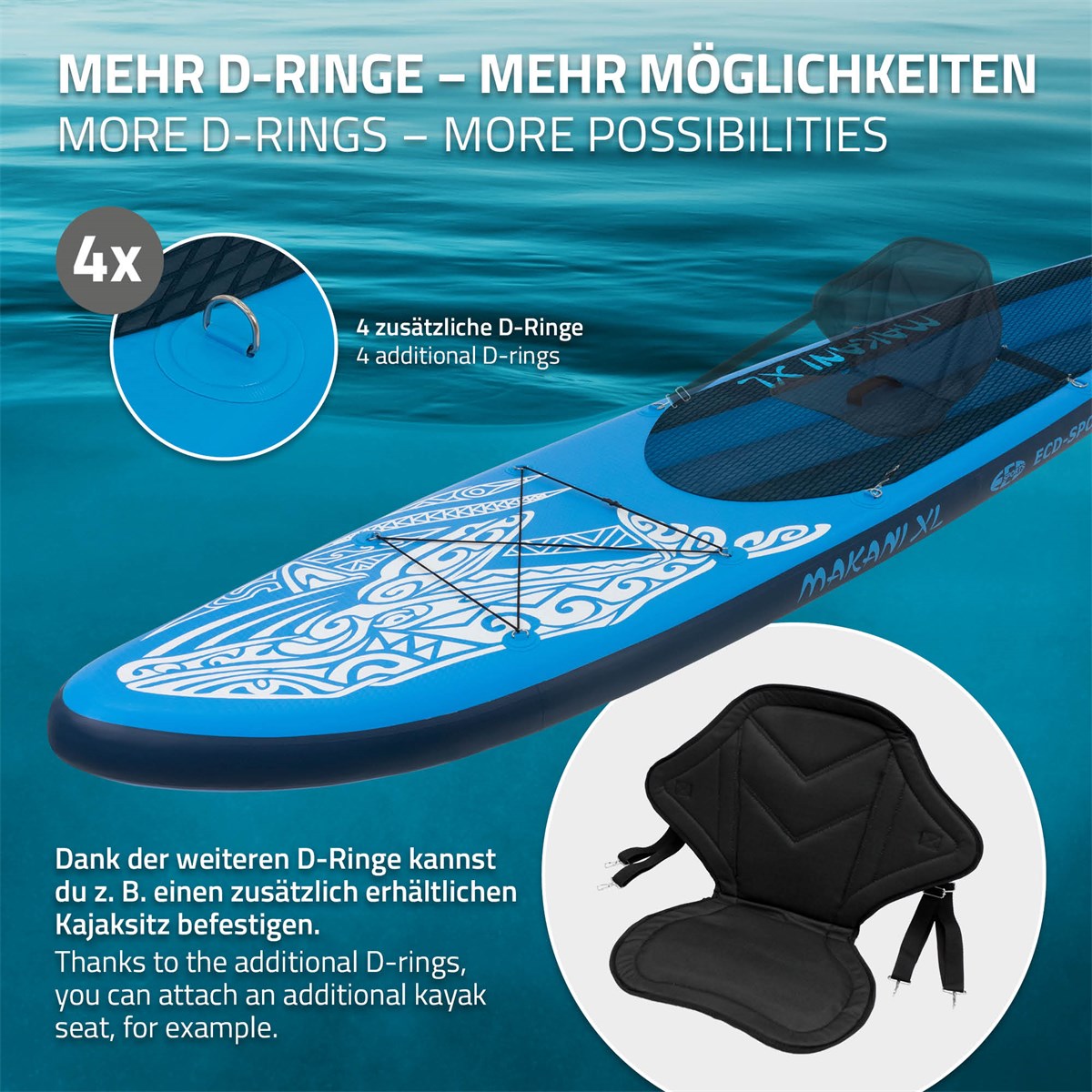 Stand-Up-Paddleboard mit D-Ringen und Sitzoption, blaues Design.