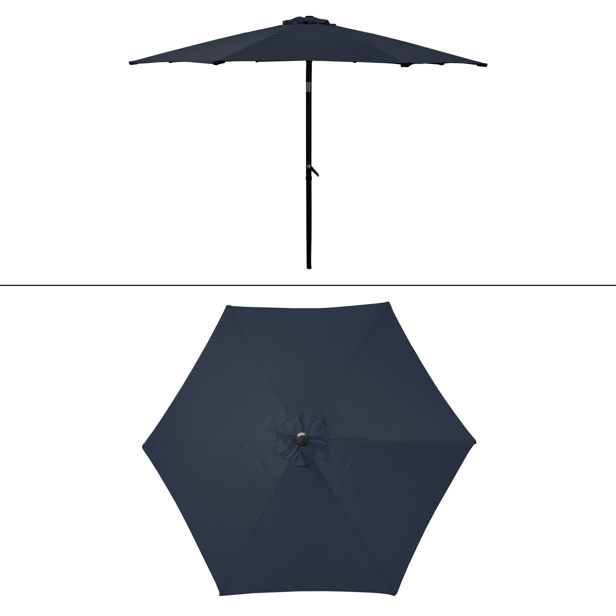 Detaljevisning af en blå parasol og dens stel.