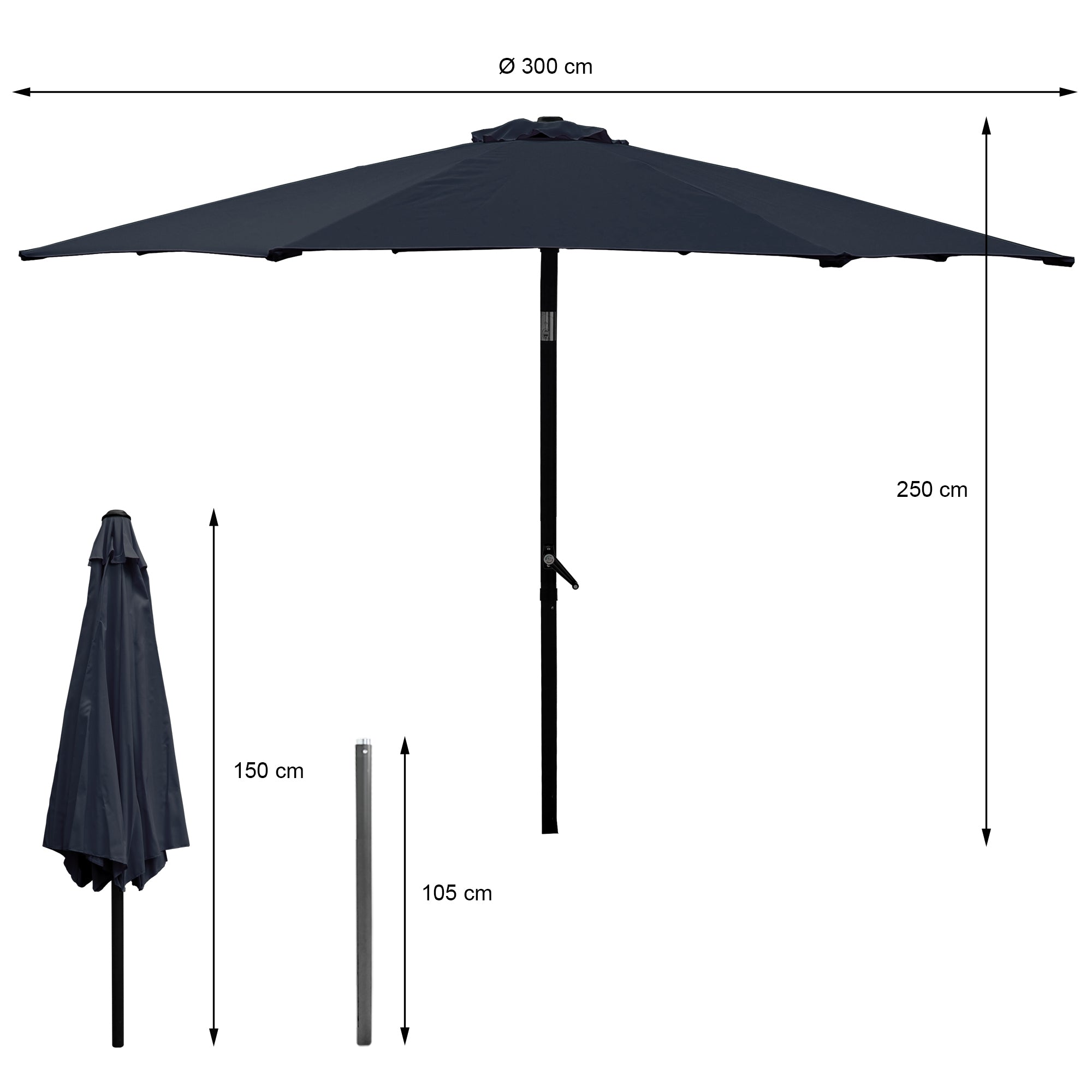 Parasol med diameter 300 cm og højde 250 cm, sammenfoldet 150 cm.