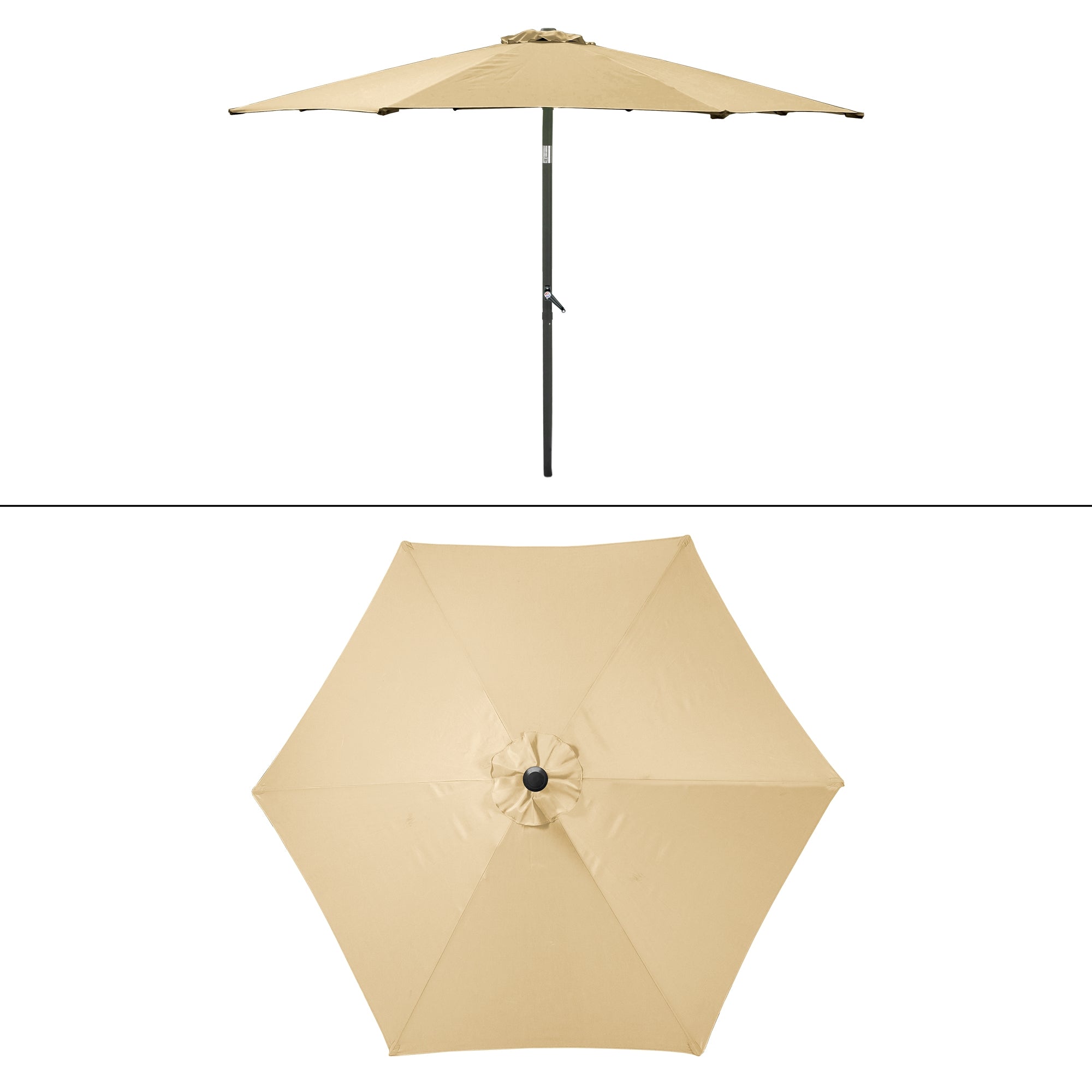 Beige market umbrella from above, with a central button and sturdy support.