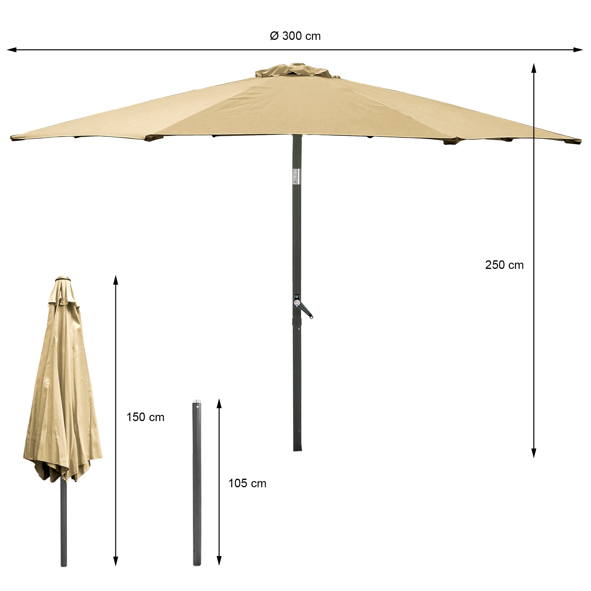 Beige parasol with measurements and folded.