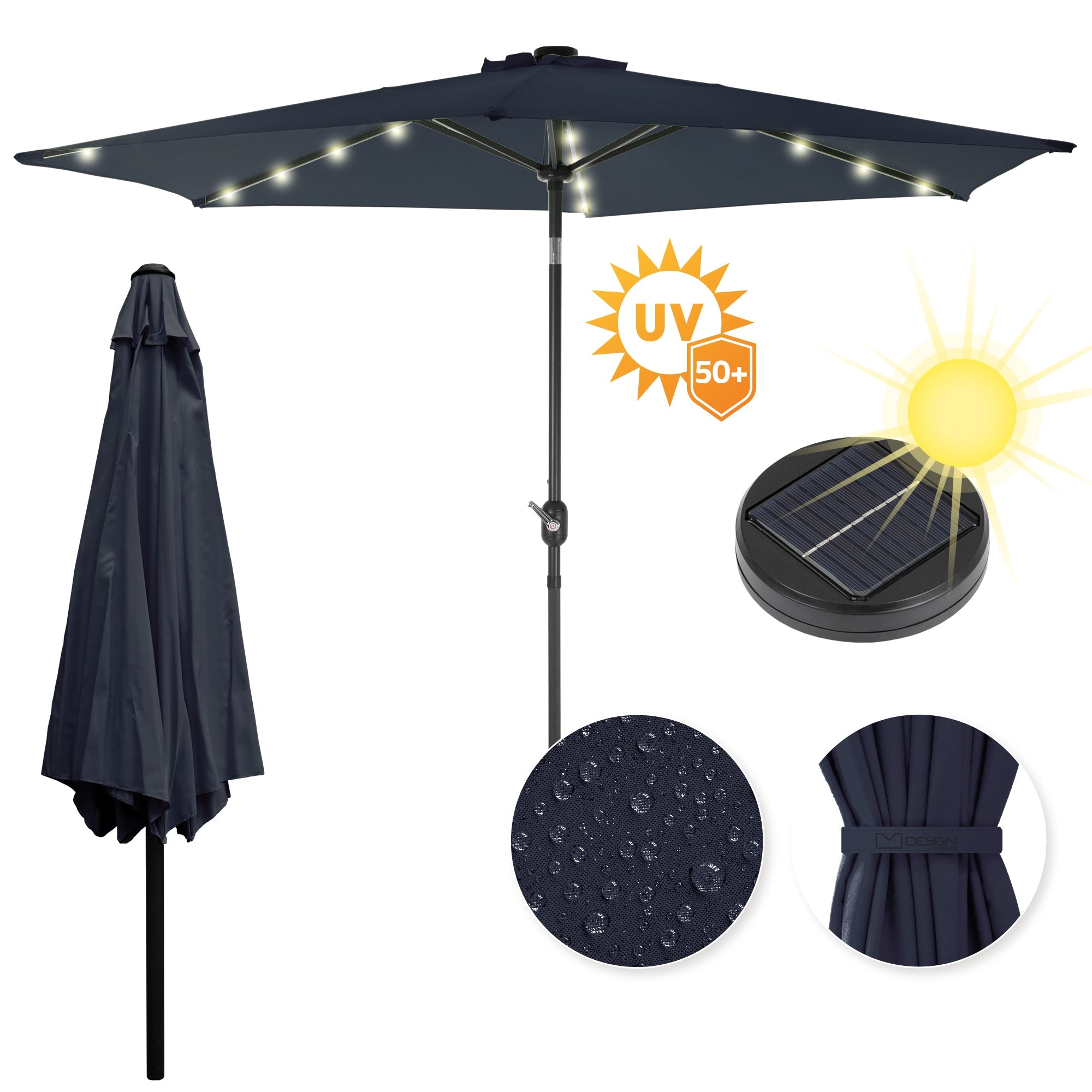 Dunkelblauer Sonnenschirm mit LED-Beleuchtung und UV-Schutz.