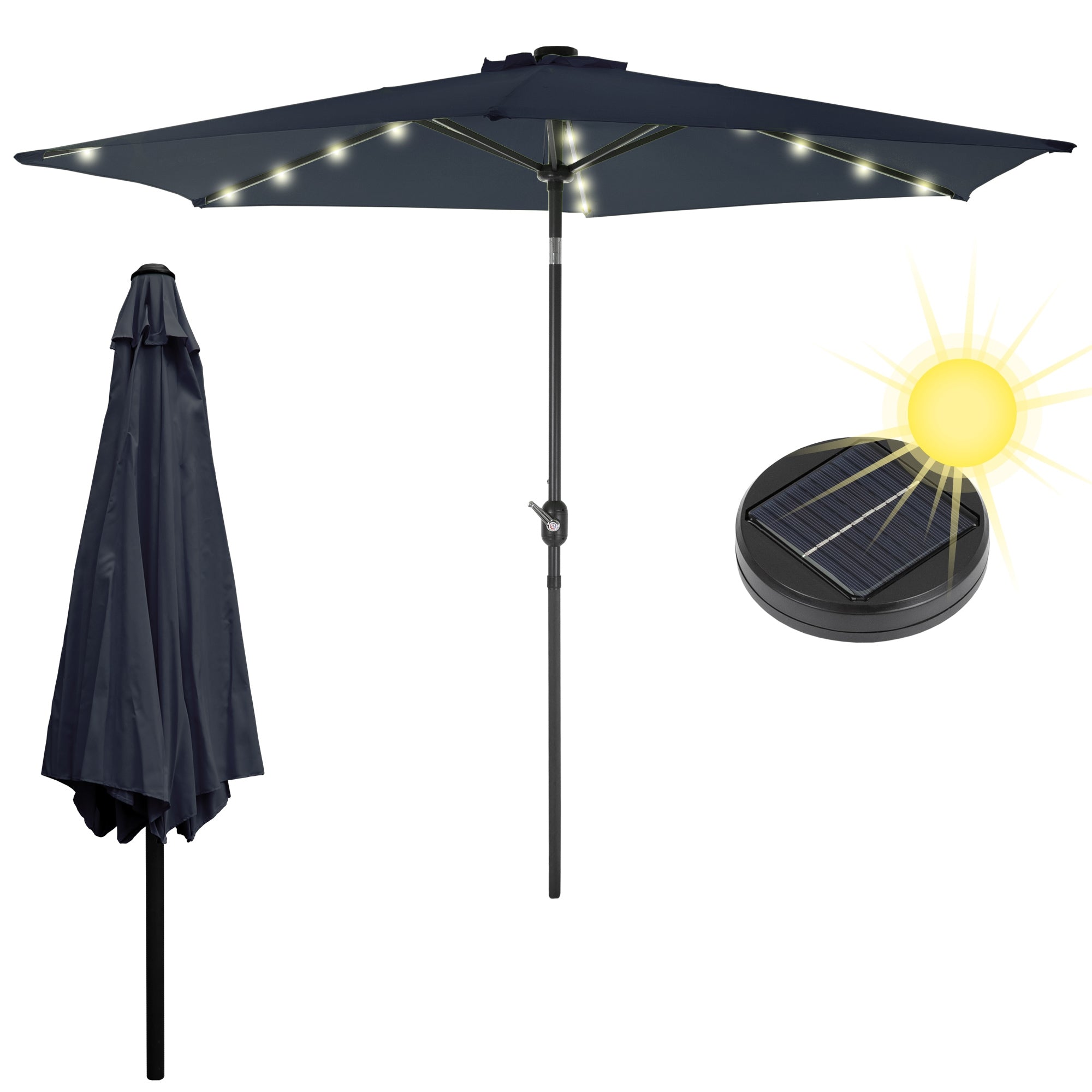 Sonnenschirm mit Solarlichtern und zusammengeklapptem Bezug.
