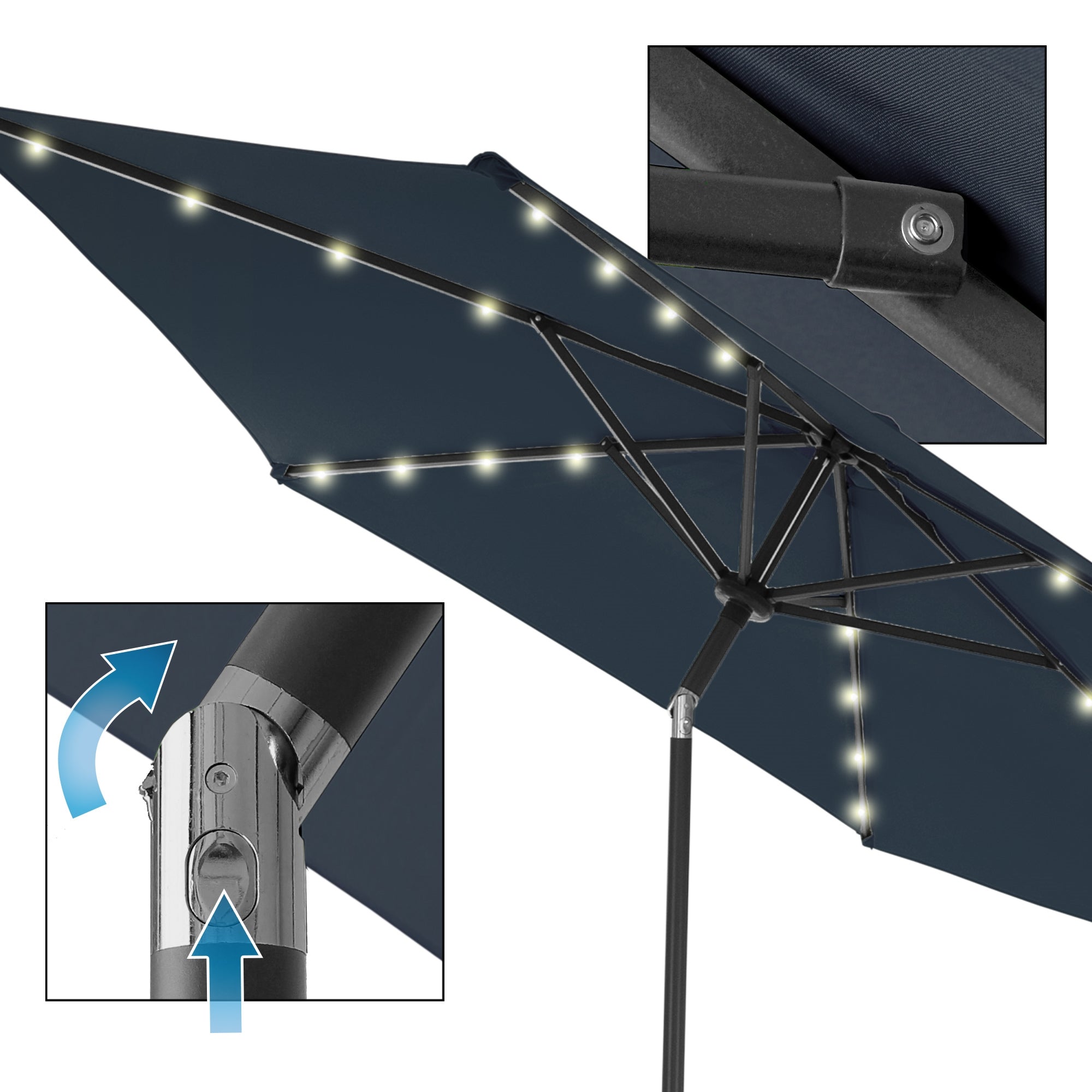 Detailansicht eines Sonnenschirms mit Lichtern und Mechanismus.