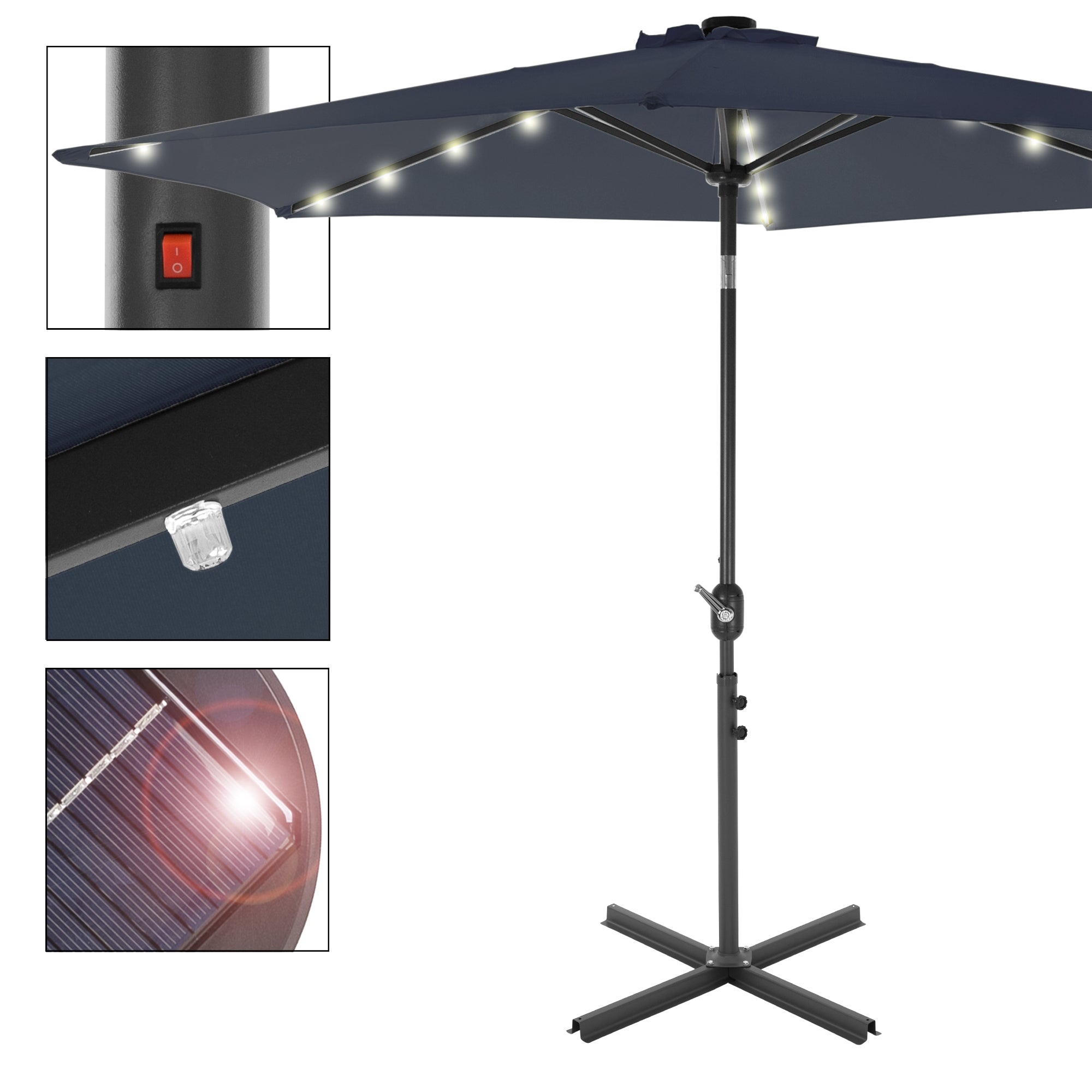 Marktschirm mit LED-Beleuchtung und Schalter, schwarzer Stoff, stabiler Standfuß.