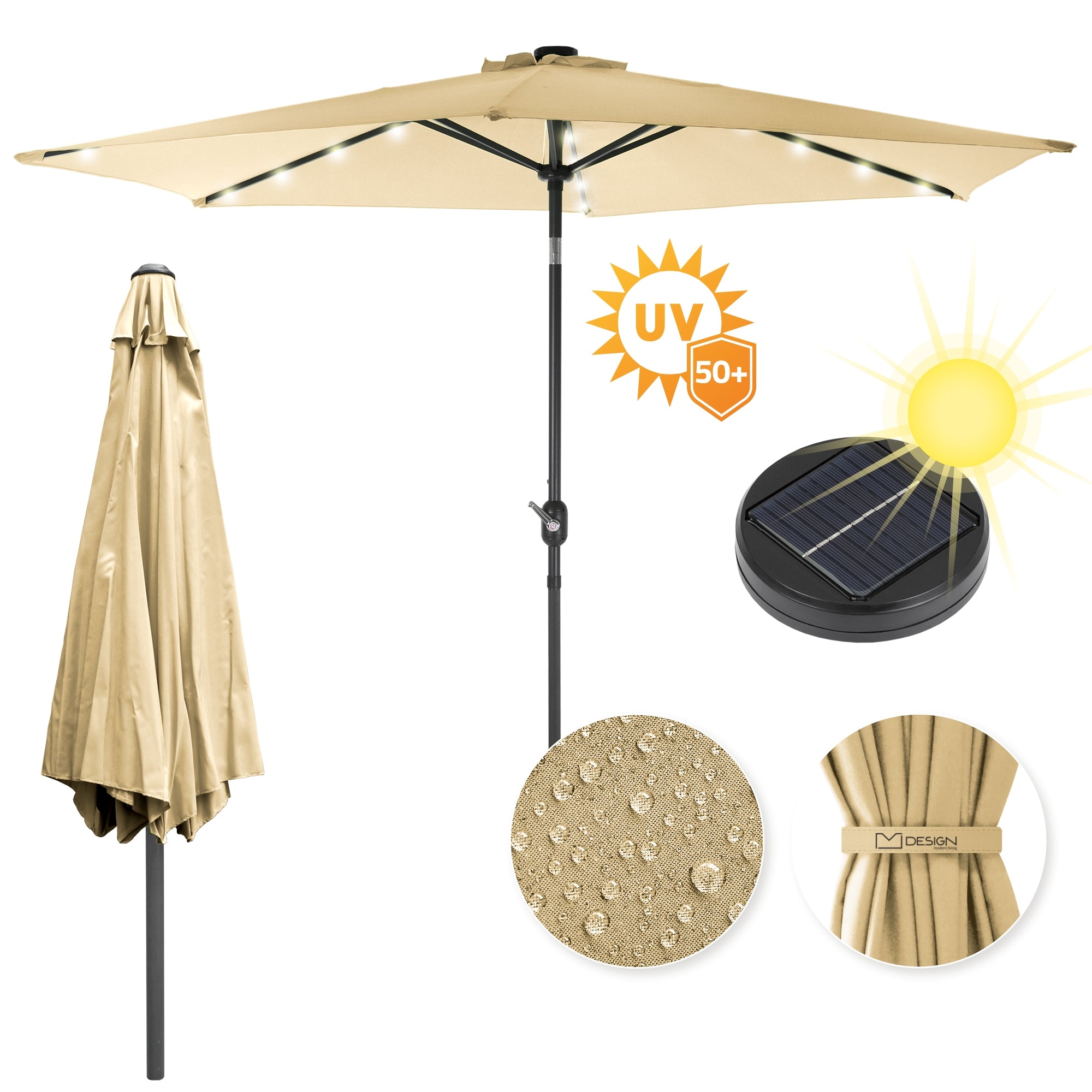 Sun umbrella with LED lighting and UV protection, opened.
