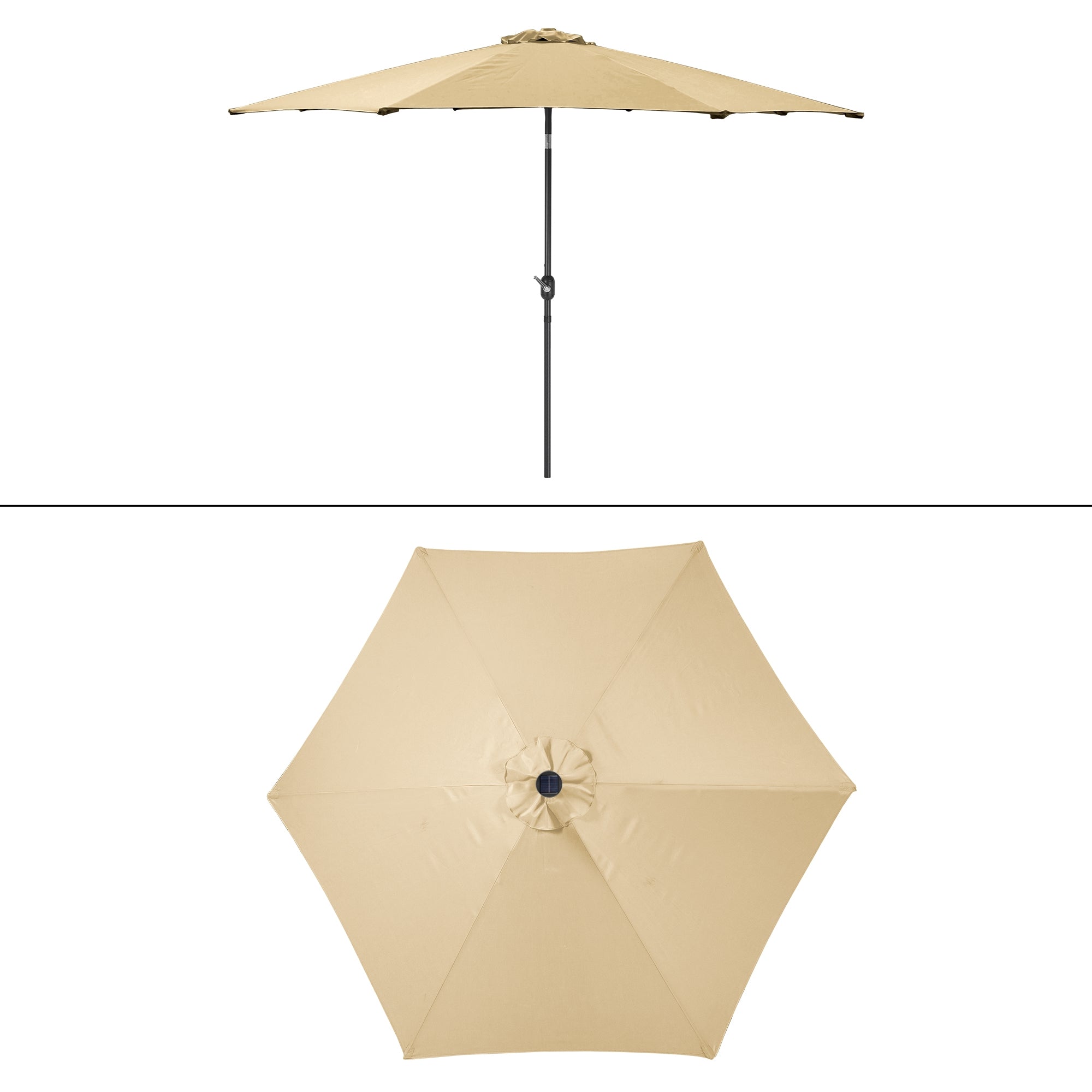 Sun umbrella from above, beige, with central button and folds.