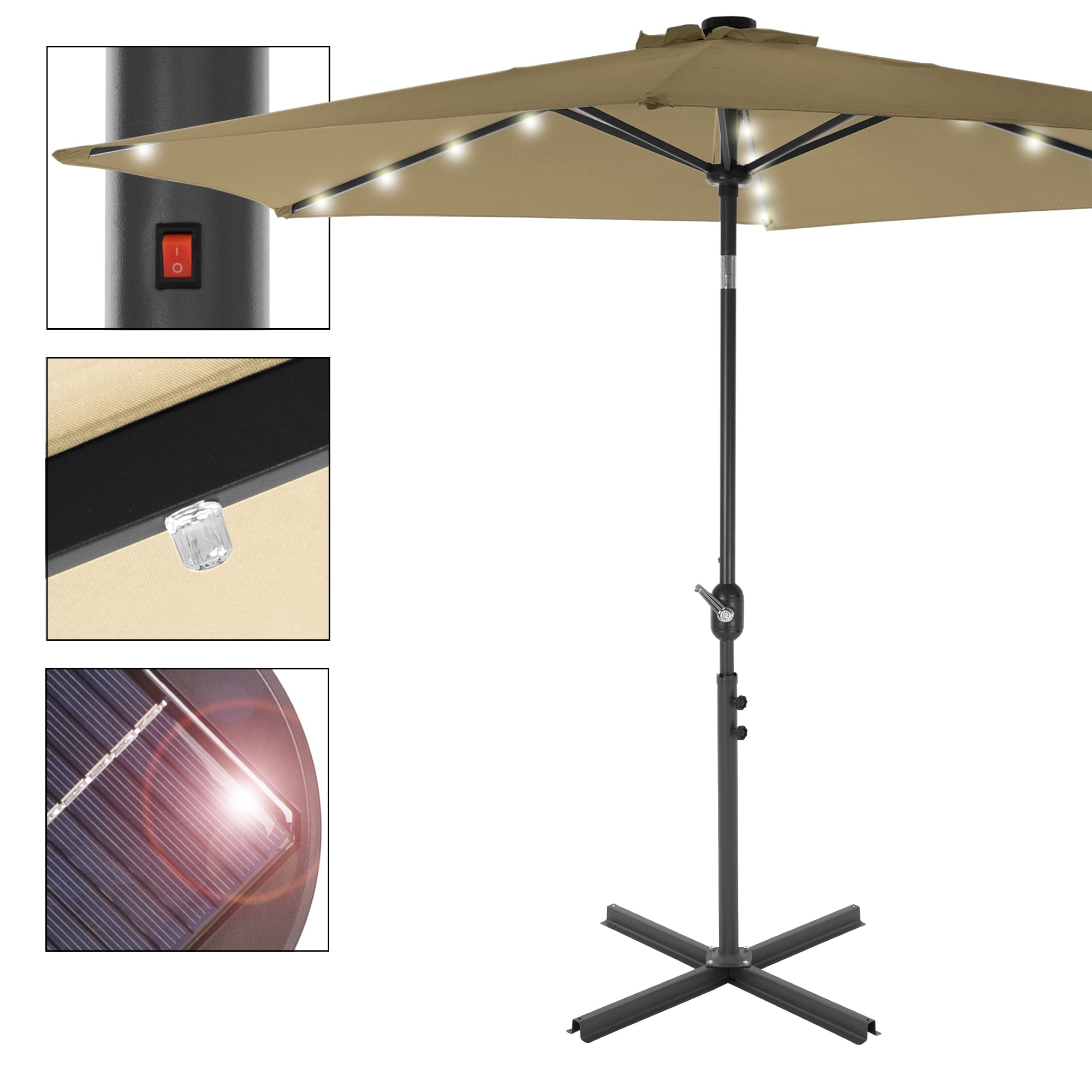 Detail view of a beige parasol with LED lighting and switch.