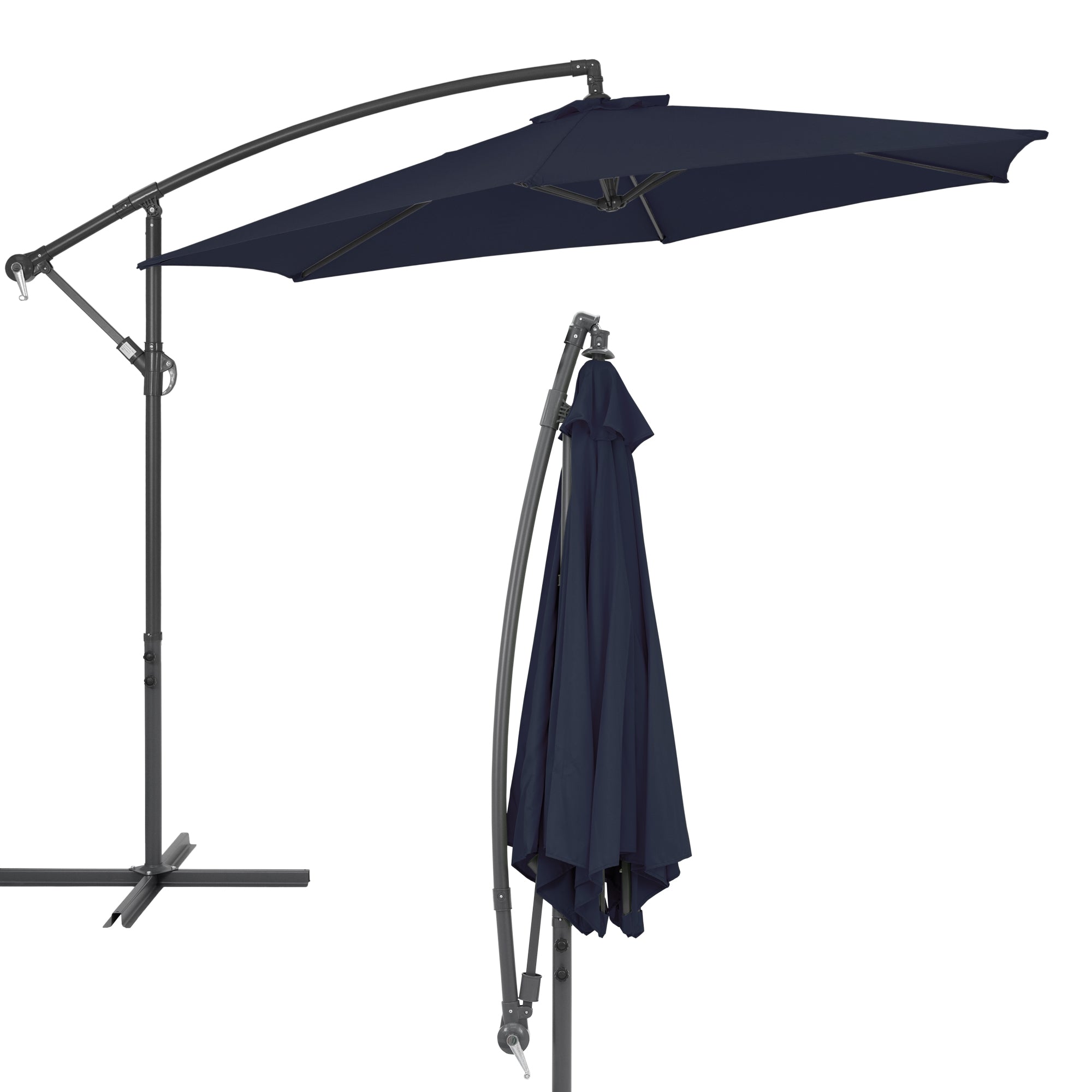 En mørkeblå parasol, der står på en ramme.