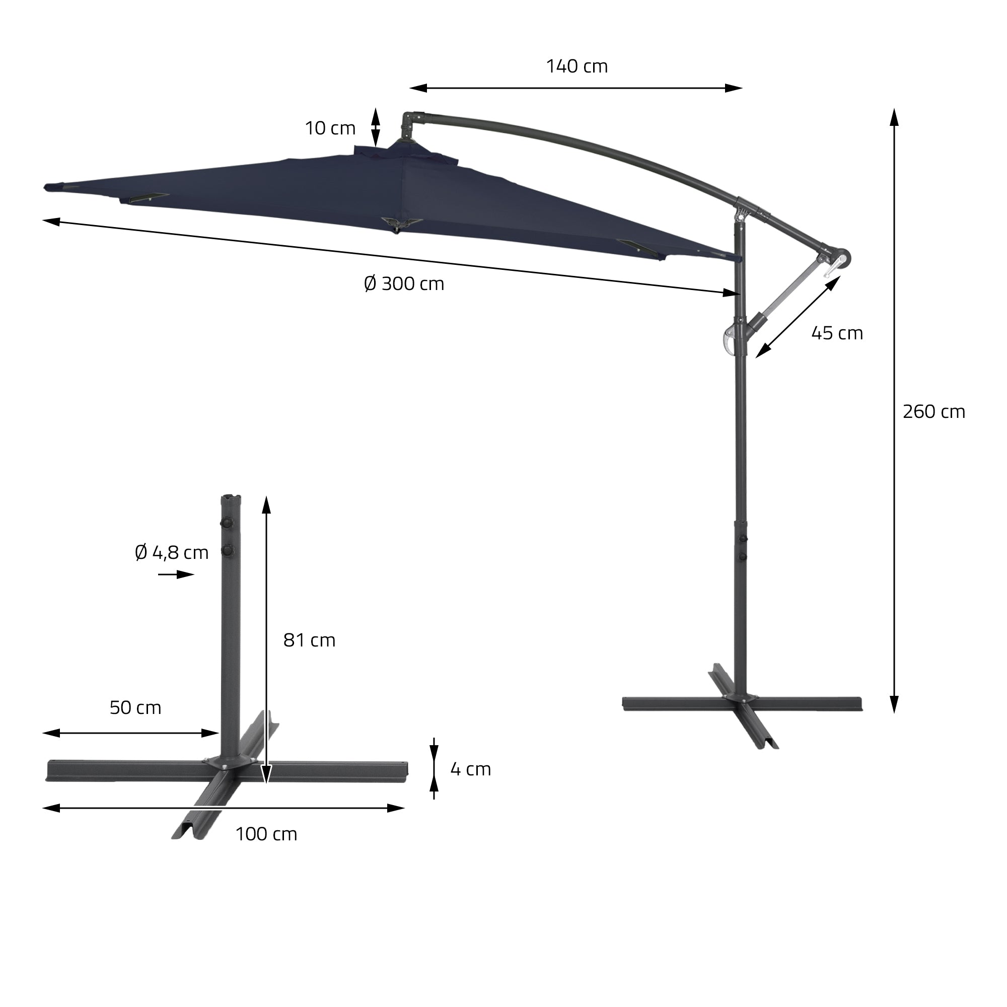 Dessin technique d'un parasol avec support et dimensions.