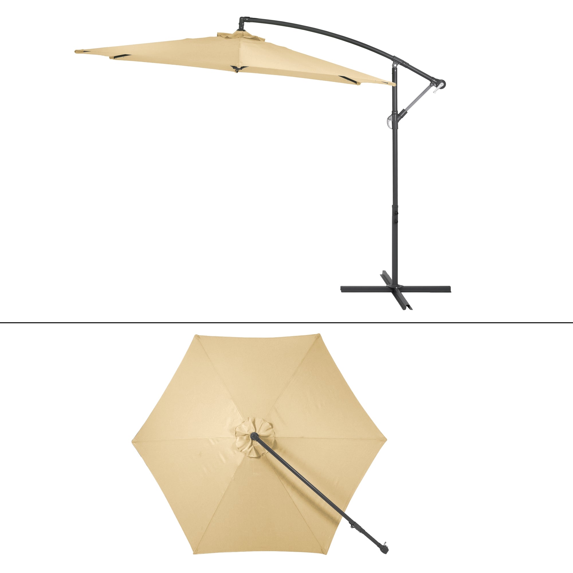 Parasol beige, vu de dessus et de côté.