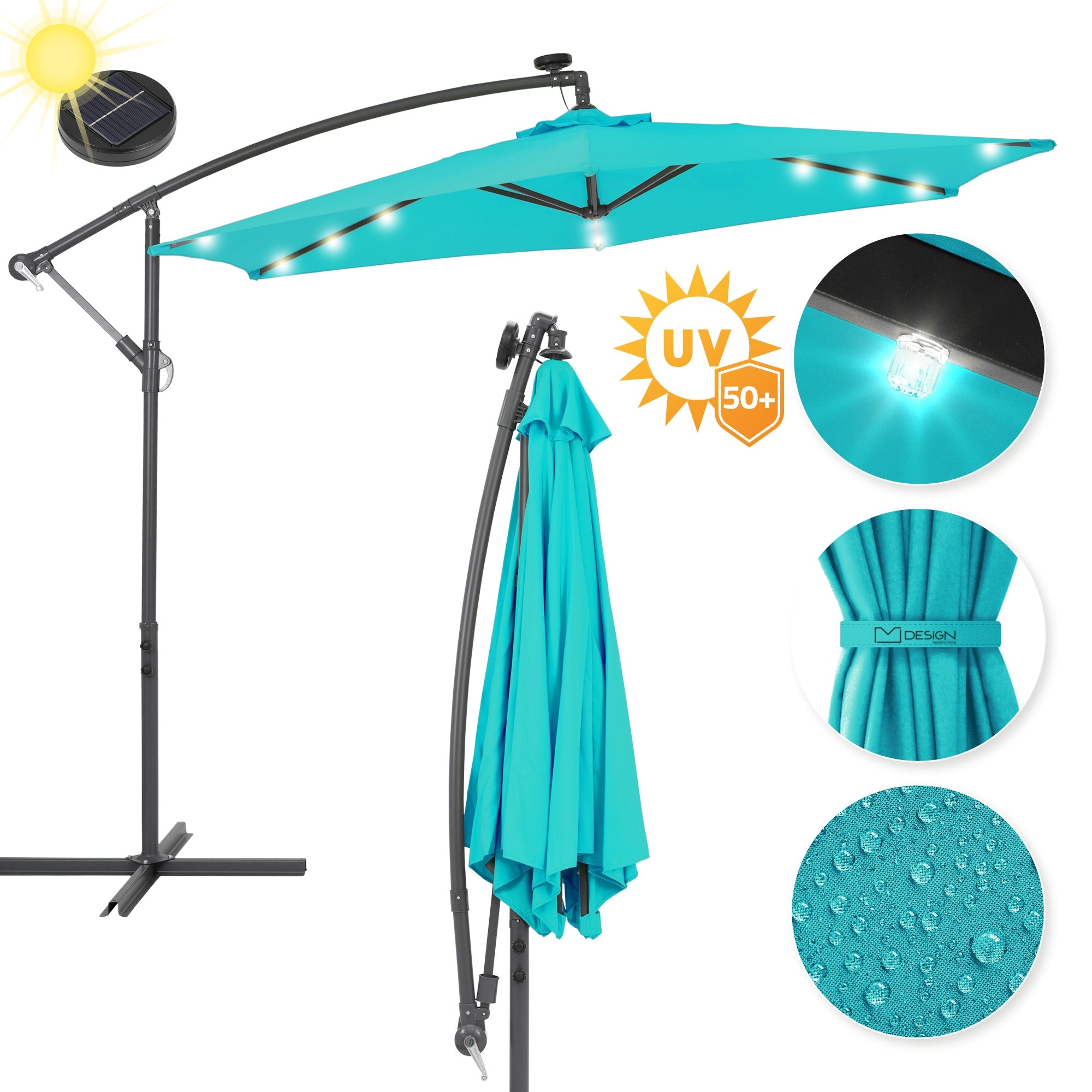 A large turquoise parasol with LED lighting and UV protection.