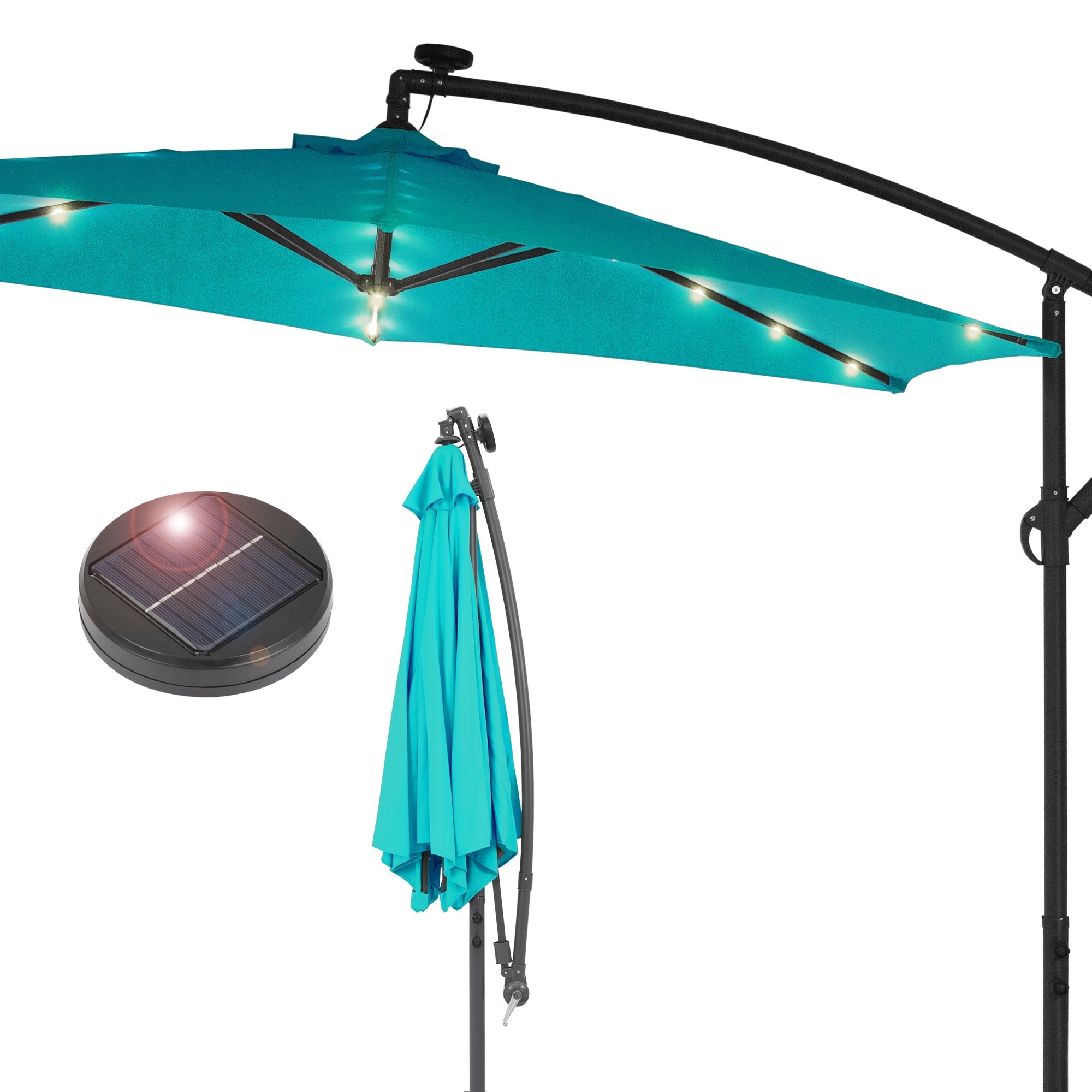 Turquoise parasol with LED lighting and solar panel, along with the base.