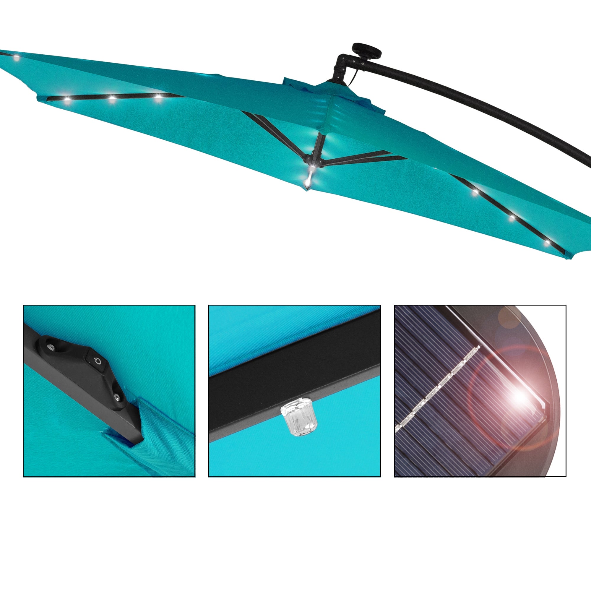 Close-up view of the turquoise parasol with LED lighting and solar panel.