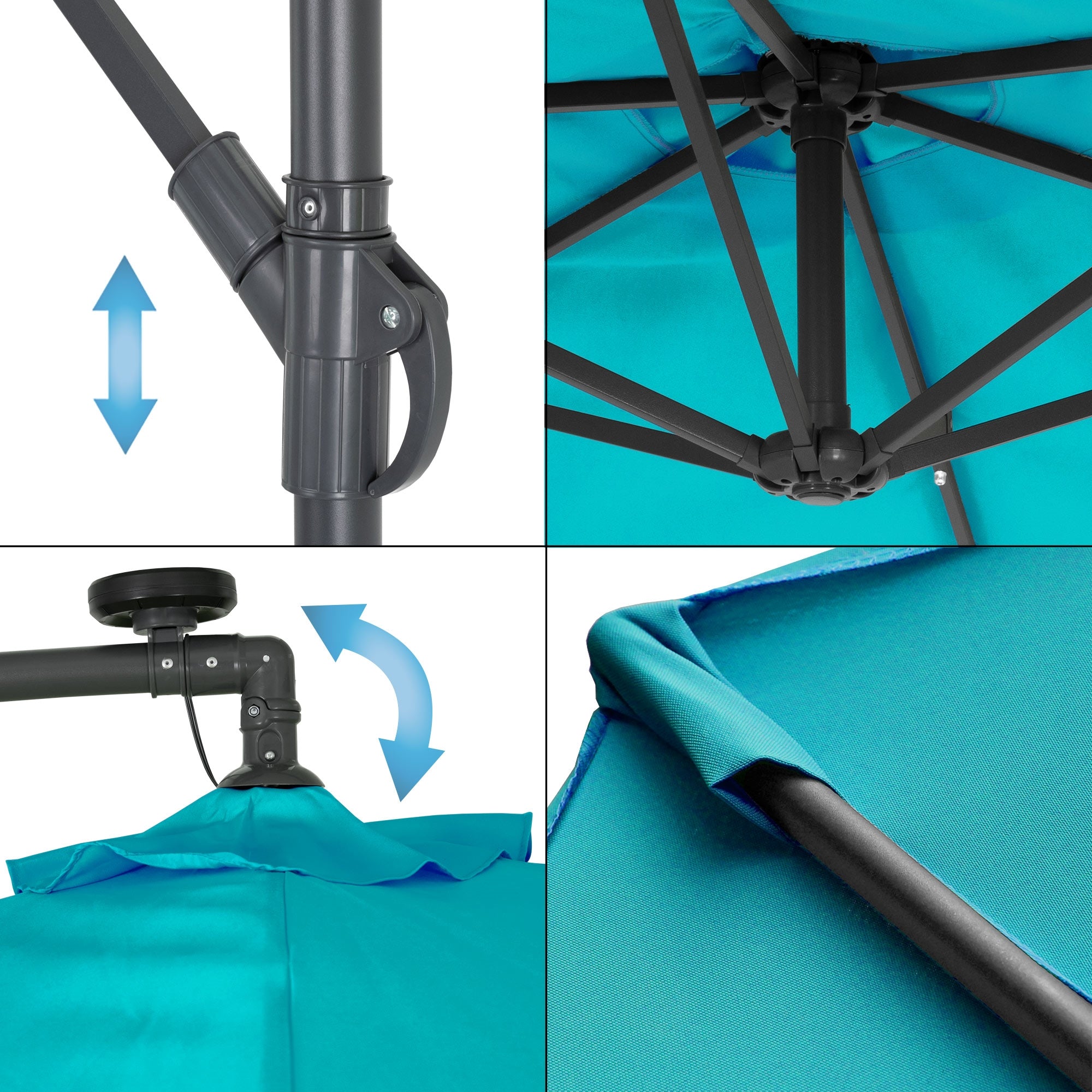 Close-up view of a parasol with adjustable parts and fabric detailing.