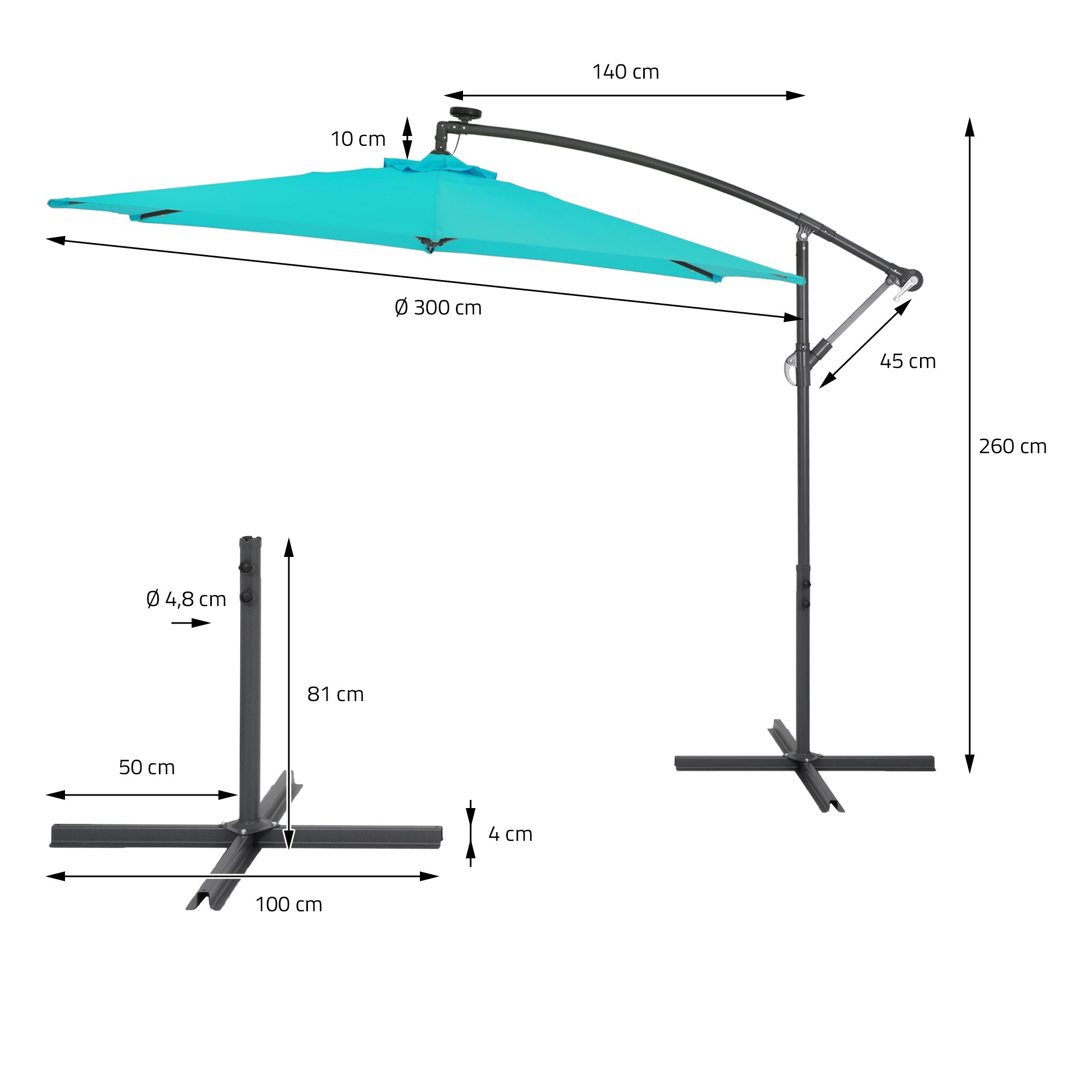 Parasol with measurements and a stand, in turquoise.