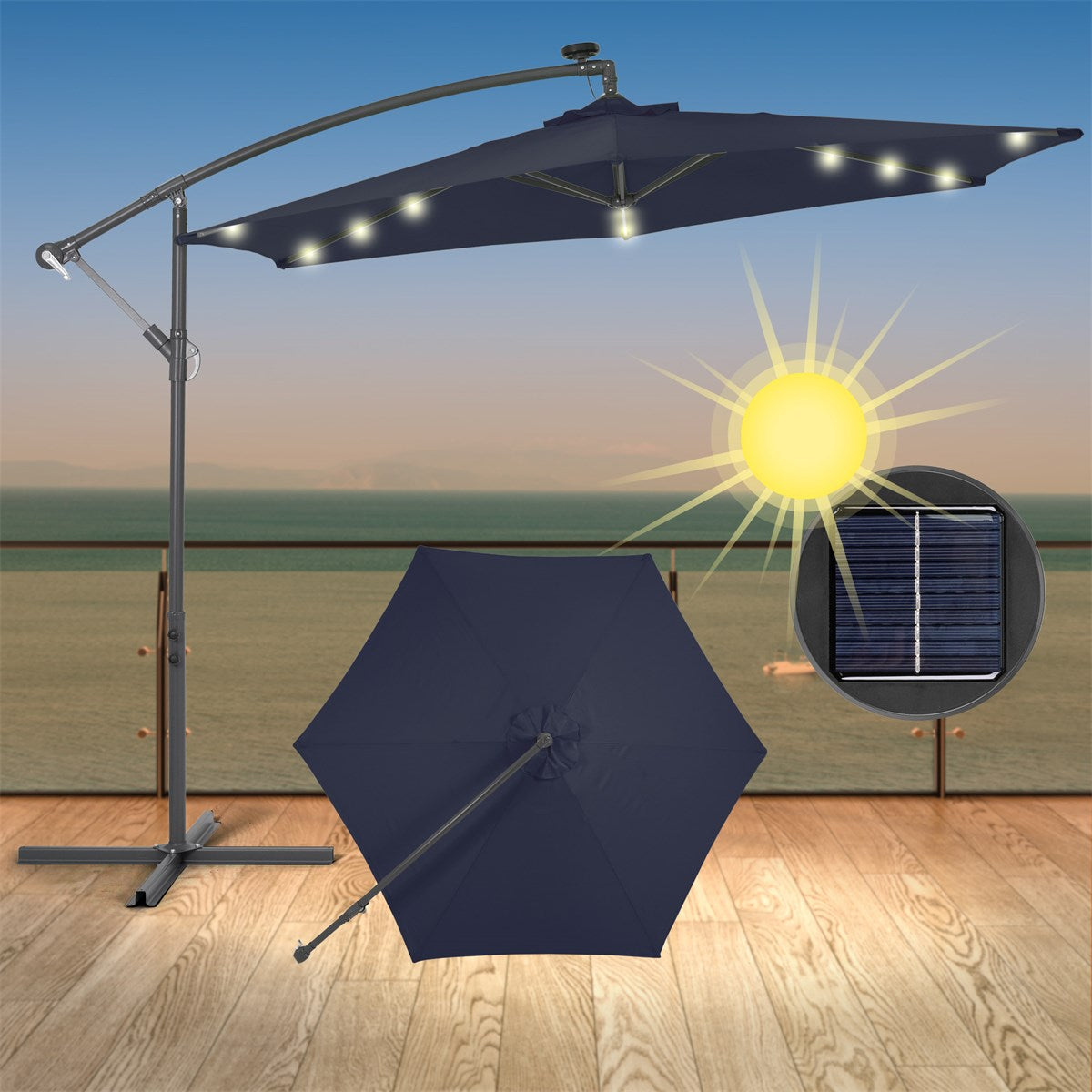 Ombrellone blu scuro con illuminazione LED su una terrazza illuminata dai raggi del sole.