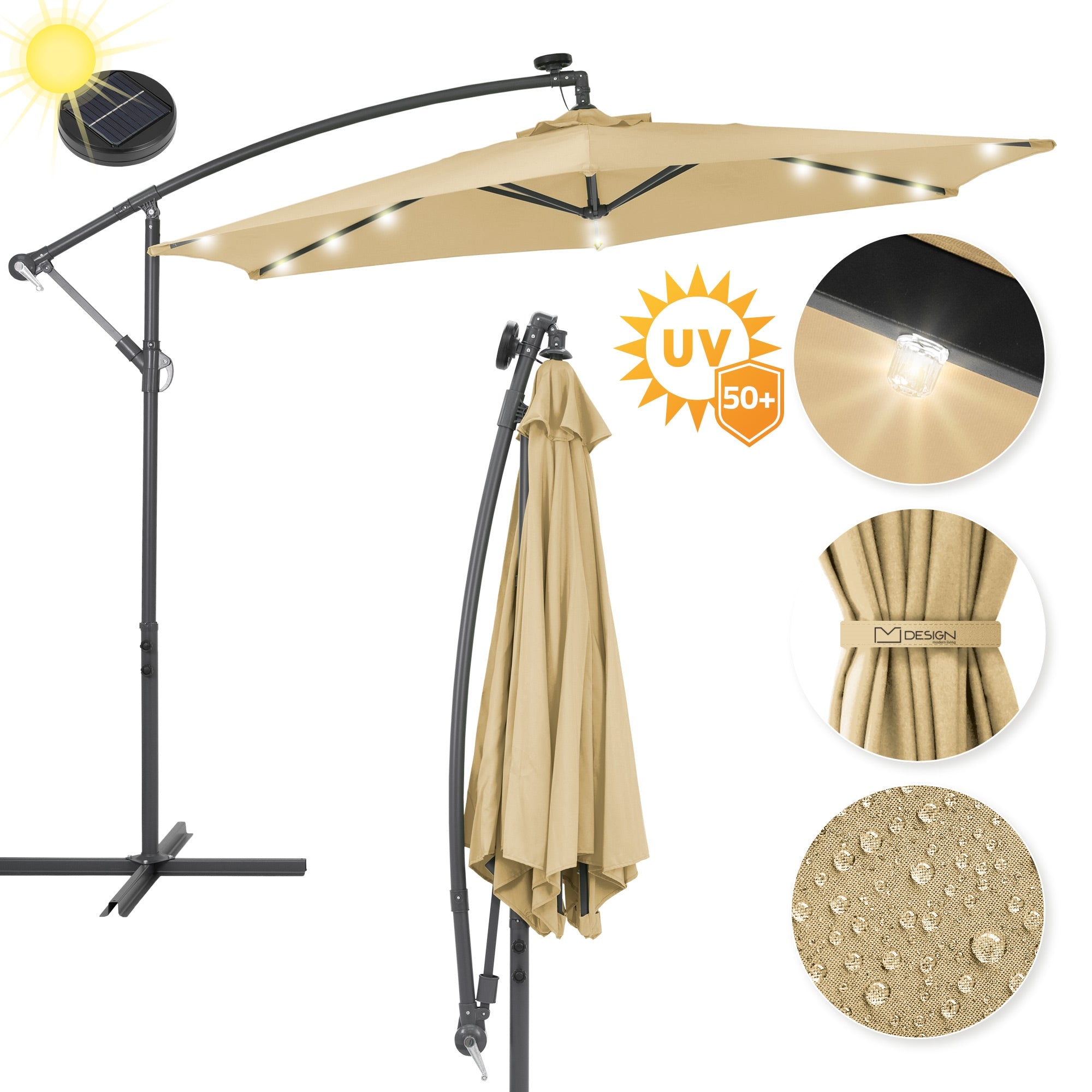 Beige parasoll med LED-belysning og UV-beskyttelse, på et stabilt stativ.